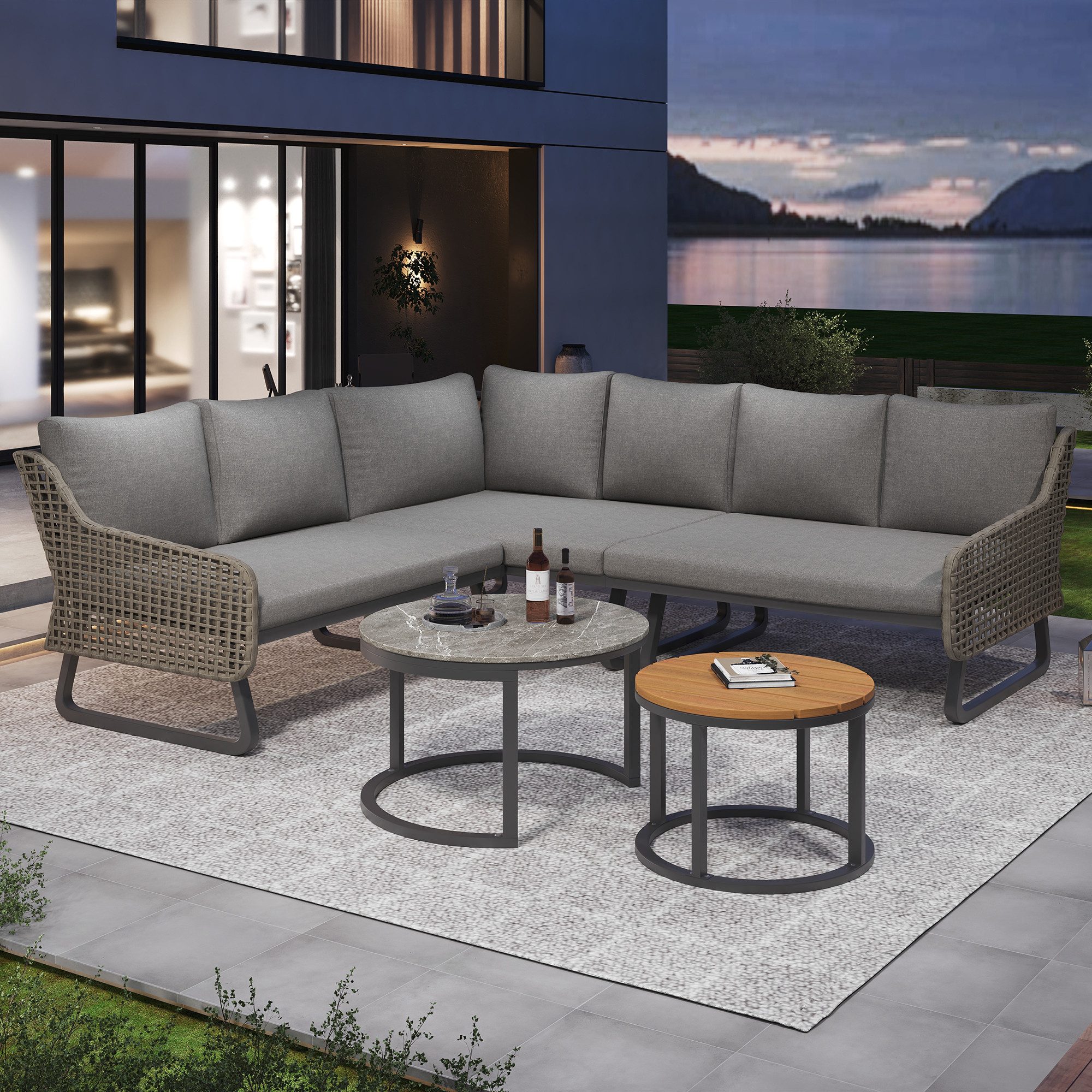 Flieks Gartenlounge-Set, 6-Sitzer Gartenmöbel Ecksofa Polyrattan, günstig online kaufen