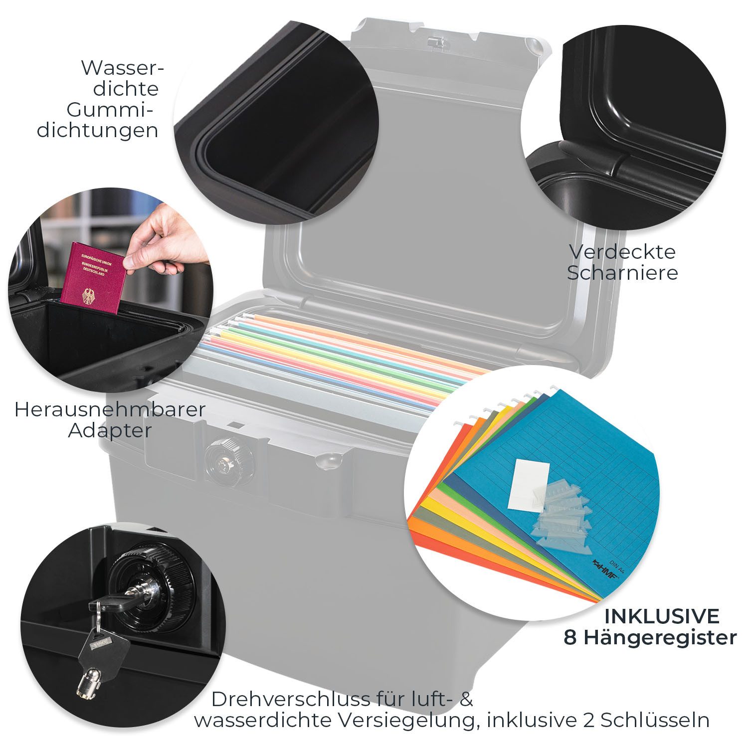 HMF Geldkassette Feuerfeste und wasserdichte Dokumentenkassette, Tresor, zum Schutz von Wertsachen, 44,5x34x37 cm, DIN A4 Register, schwarz – Bild 4 von 5