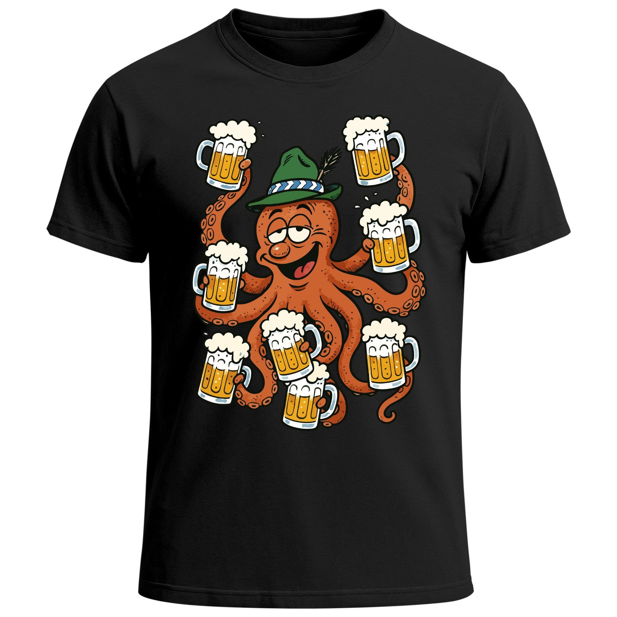 Print-Shirt Herren T-Shirt für das Oktoberfest Oktopus Achtarmig Bier Maßkrüge