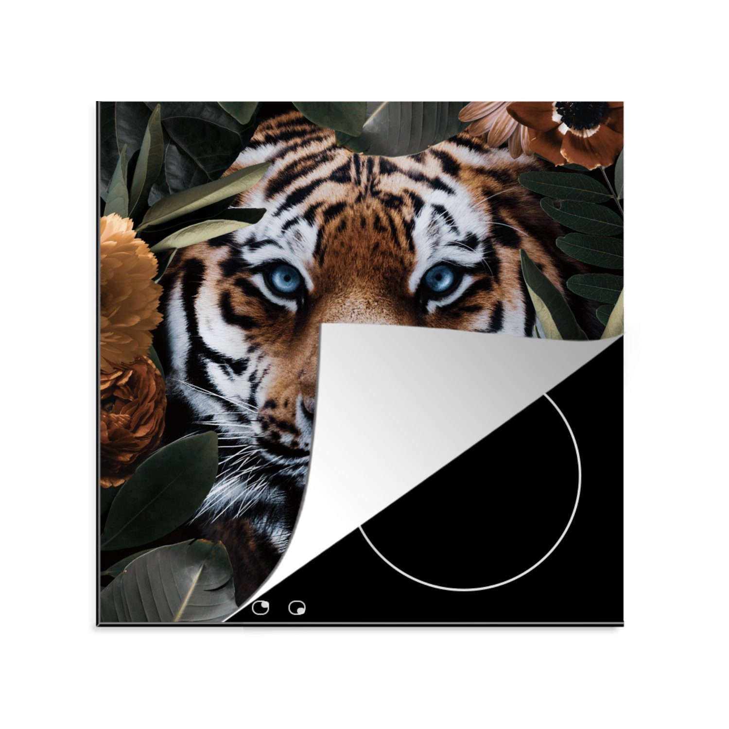 MuchoWow Herdblende-/Abdeckplatte Tiger - Blatt - Tiere, Vinyl, (1 tlg), 78x78 cm, Ceranfeldabdeckung, Arbeitsplatte für küche