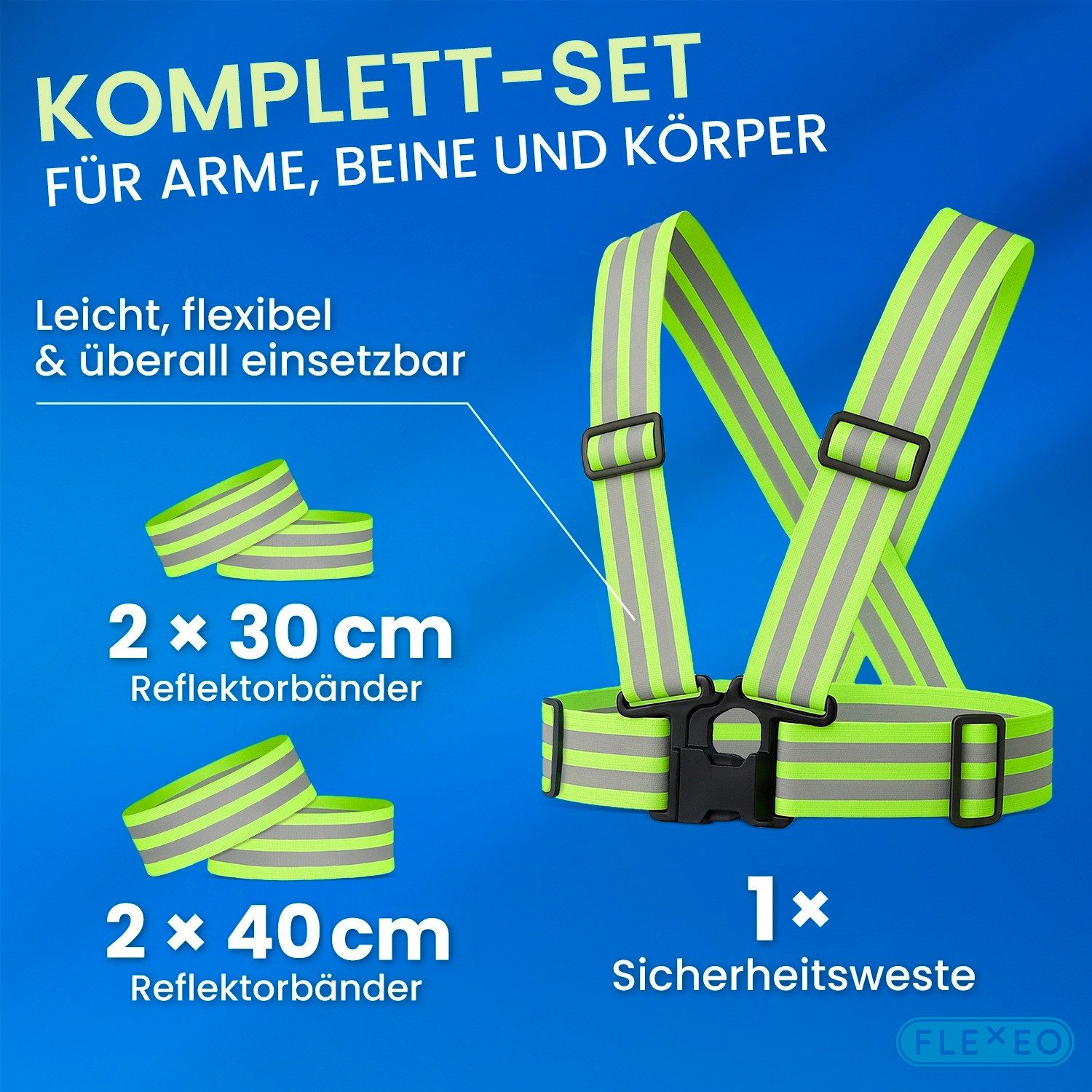 FLEXEO Reflektorband Warnweste und 4 Reflektorbänder, (1 St), verstellbare Signalkleidung für Joggen Radfahren Wandern, gelb