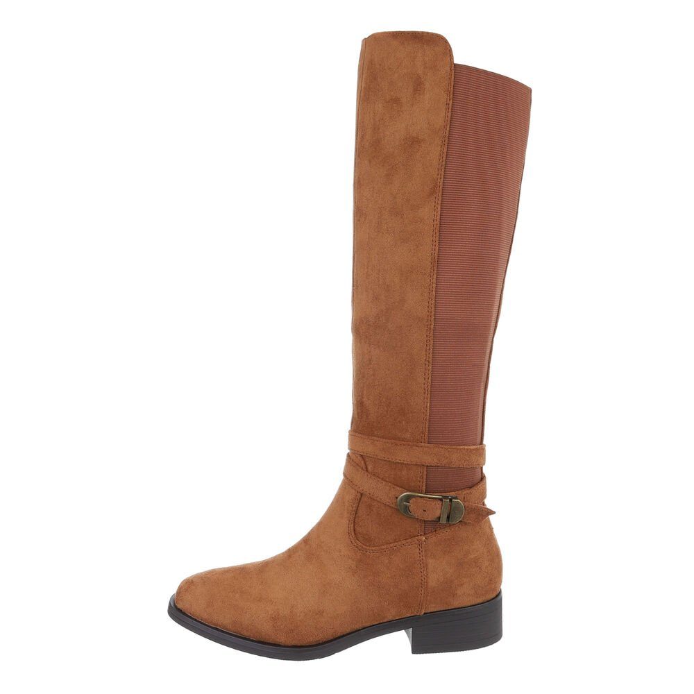 Ital-Design Damen Cowboyboots Western Westernstiefel Blockabsatz Flache Stiefel in Camel