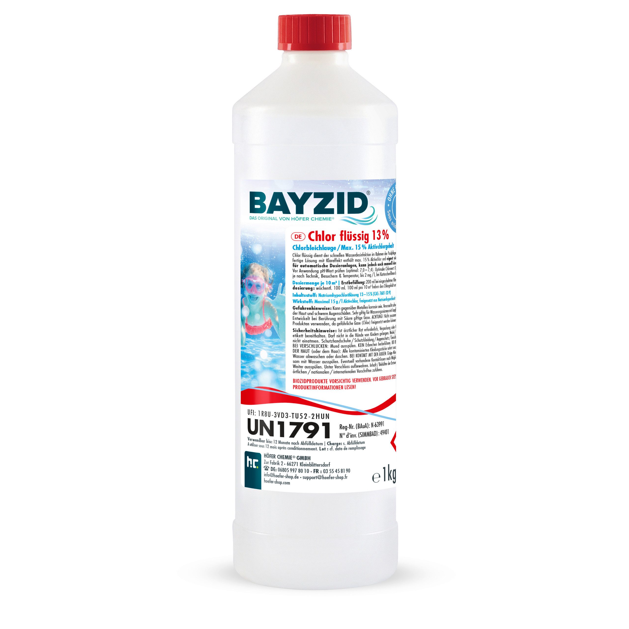 Höfer Chemie GmbH Poolpflege 1 kg BAYZID® Chlor 13% flüssig für Pools, Zuverlässige Desinfektion für sauberes und hygienisches Poolwasser