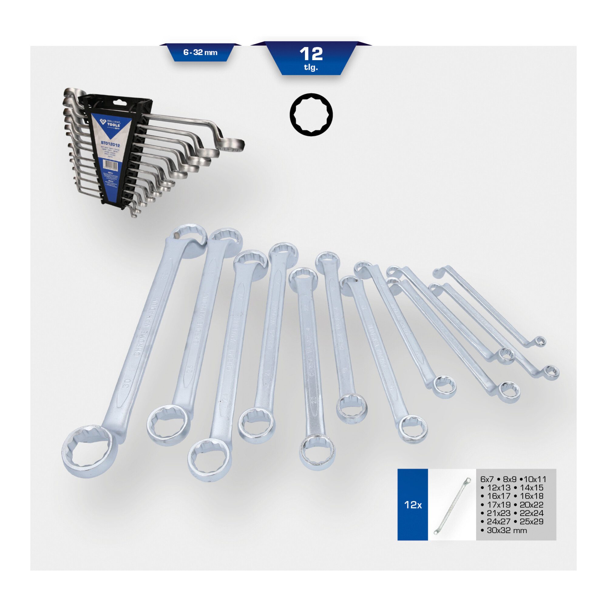 Brilliant Tools Schraube Brilliant Tools Doppel-Ringschlüssel-Satz, gekröpft, 12-tlg