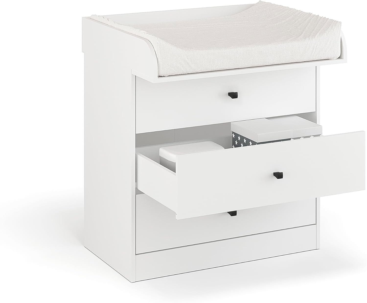 KOMTO Wickelkommode mit Schubladen - Baby Kommode mit Wickelaufsatz, Wickeltisch M3, Wickeltisch, Wickelschrank mit Abnehmbarer Wickelsatz Weiß, Lulliblox