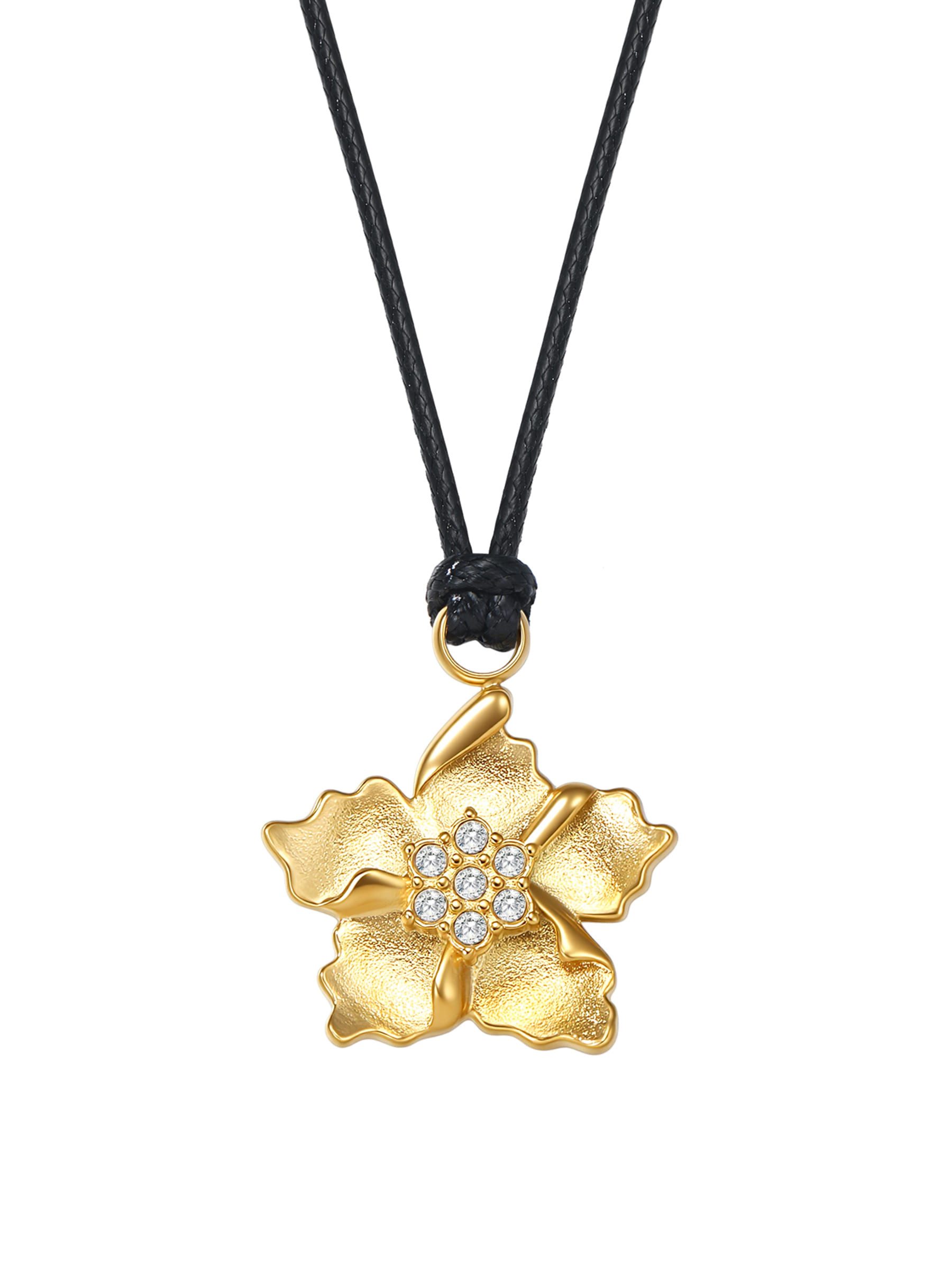 Hey Happiness Kette mit Anhänger Blume – Verstellbare Damen Halskette mit Kordelband & Edelstahl Blüte, 18K vergoldeter & rosévergoldeter Schmuck mit Zirkonia