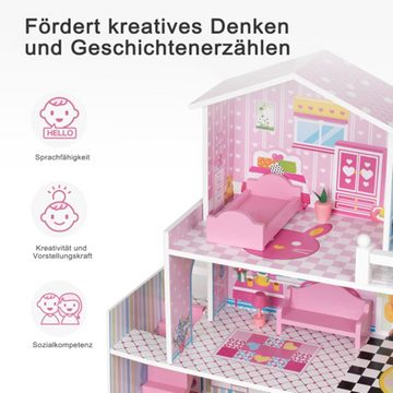 XDeer Puppenhaus Hölzernes Puppenhaus mit Zubehör für Puppen zwischen 7-12 cm, süßes großes Traumhaus, 3+Geschenk für Mädchen