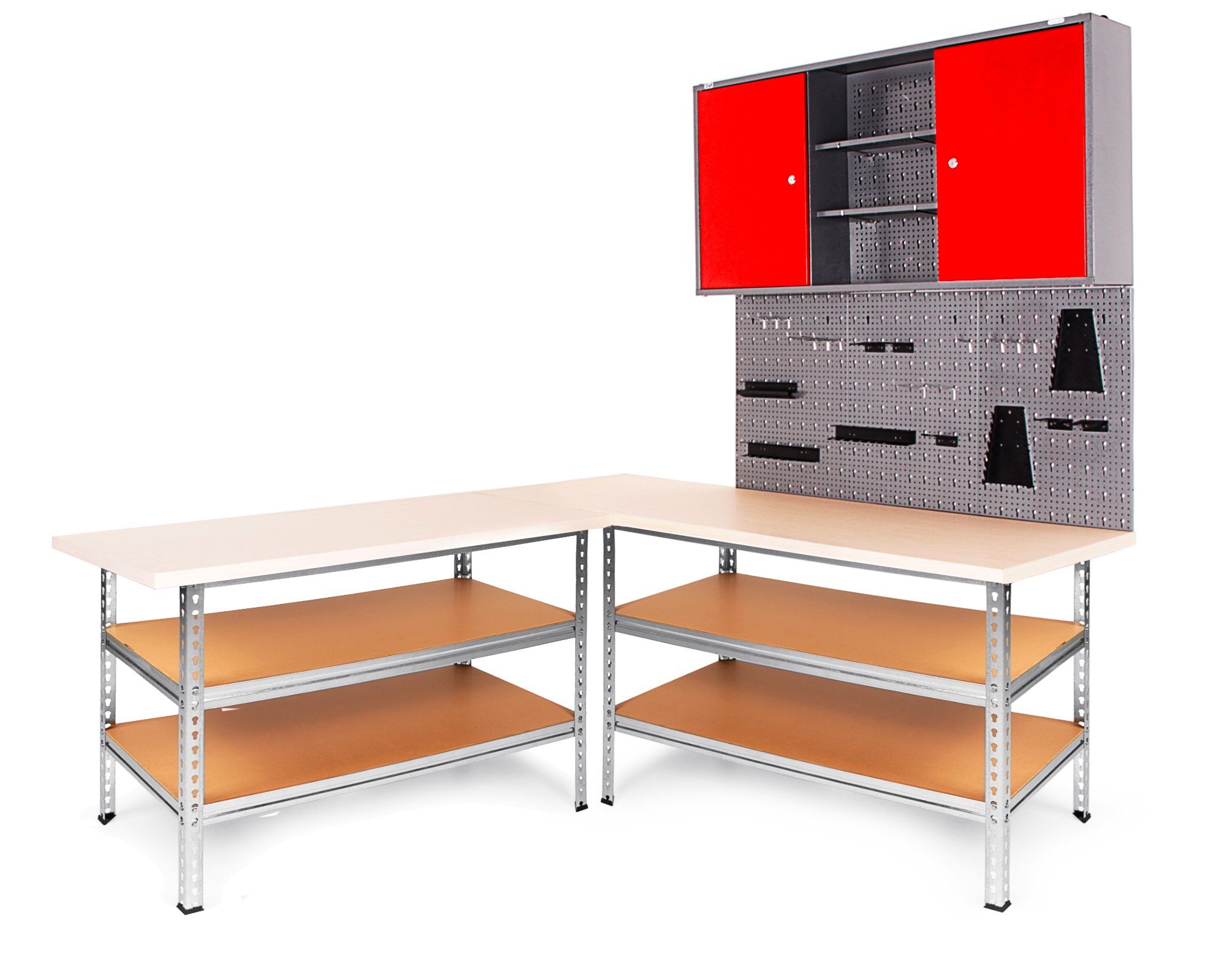 ONDIS24 Werkstatt-Set Ecklösung Sparfuchs-Uwe Premium 180 x 120 x 212 cm  (H), 2X Werkbank aus Metall, Werkzeugschrank 120 cm, Lochwand