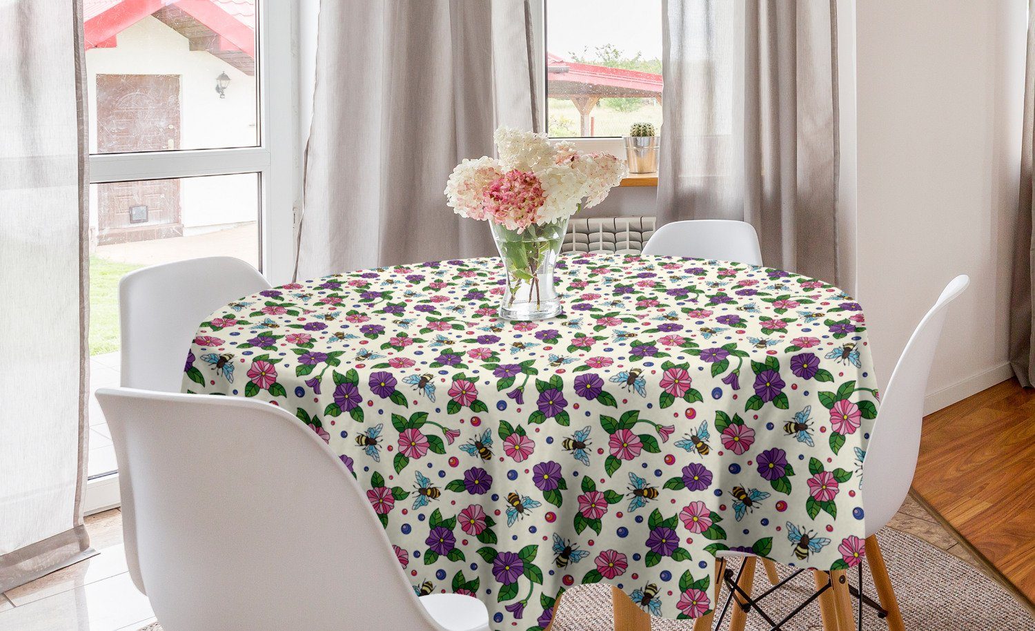 Abakuhaus Tischdecke Kreis Tischdecke Abdeckung für Esszimmer Küche Dekoration, Natur Bienen und bunte Blumen