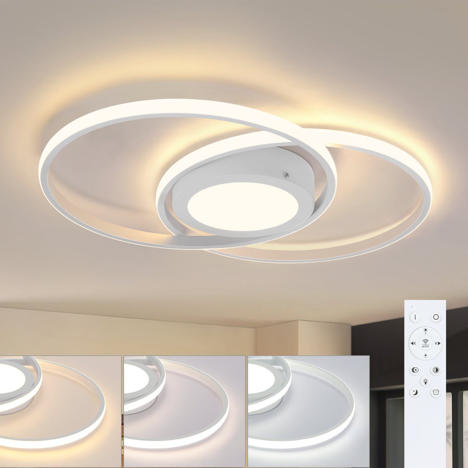 Nettlife LED Deckenleuchte Wohnzimmer Schwarz/Weiß Metall Dimmbar mit Fernbedienung, warmes Licht/natürliches Licht/kaltes Licht, 48 W