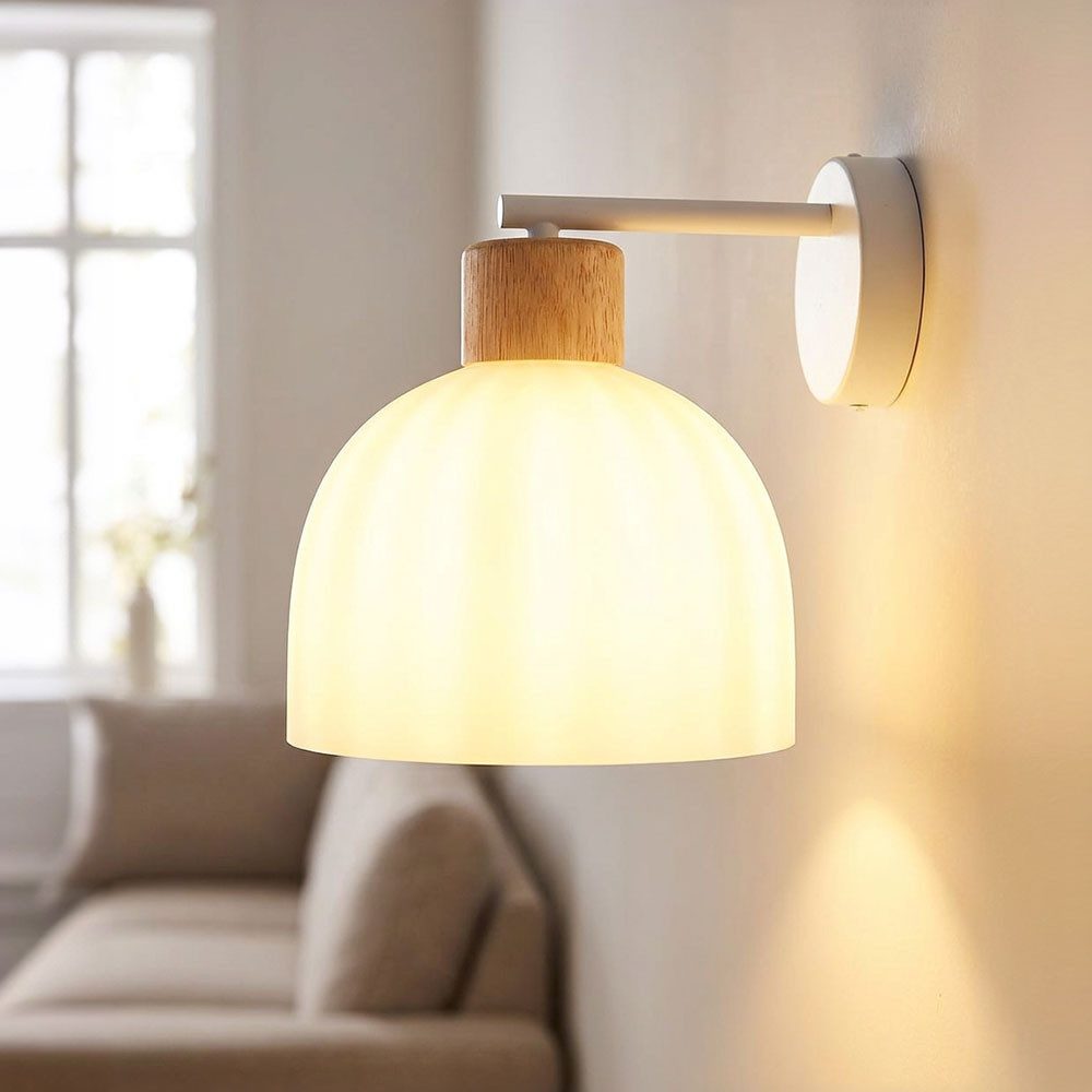 GLOBO LIGHTING Wandleuchte, Leuchtmittel nicht inklusive, Wandleuchte Wandlampe Metall weiß matt Holz braun Glas opal H 24 cm