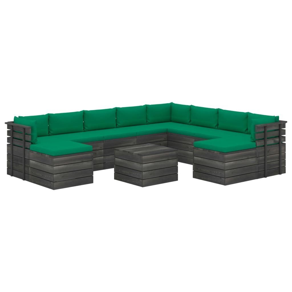 Garten-Sofagarnitur vidaXL mit aus Gartenlounge-Set (11-tlg) Grün 11-tlg. Paletten Kissen Kiefernholz,