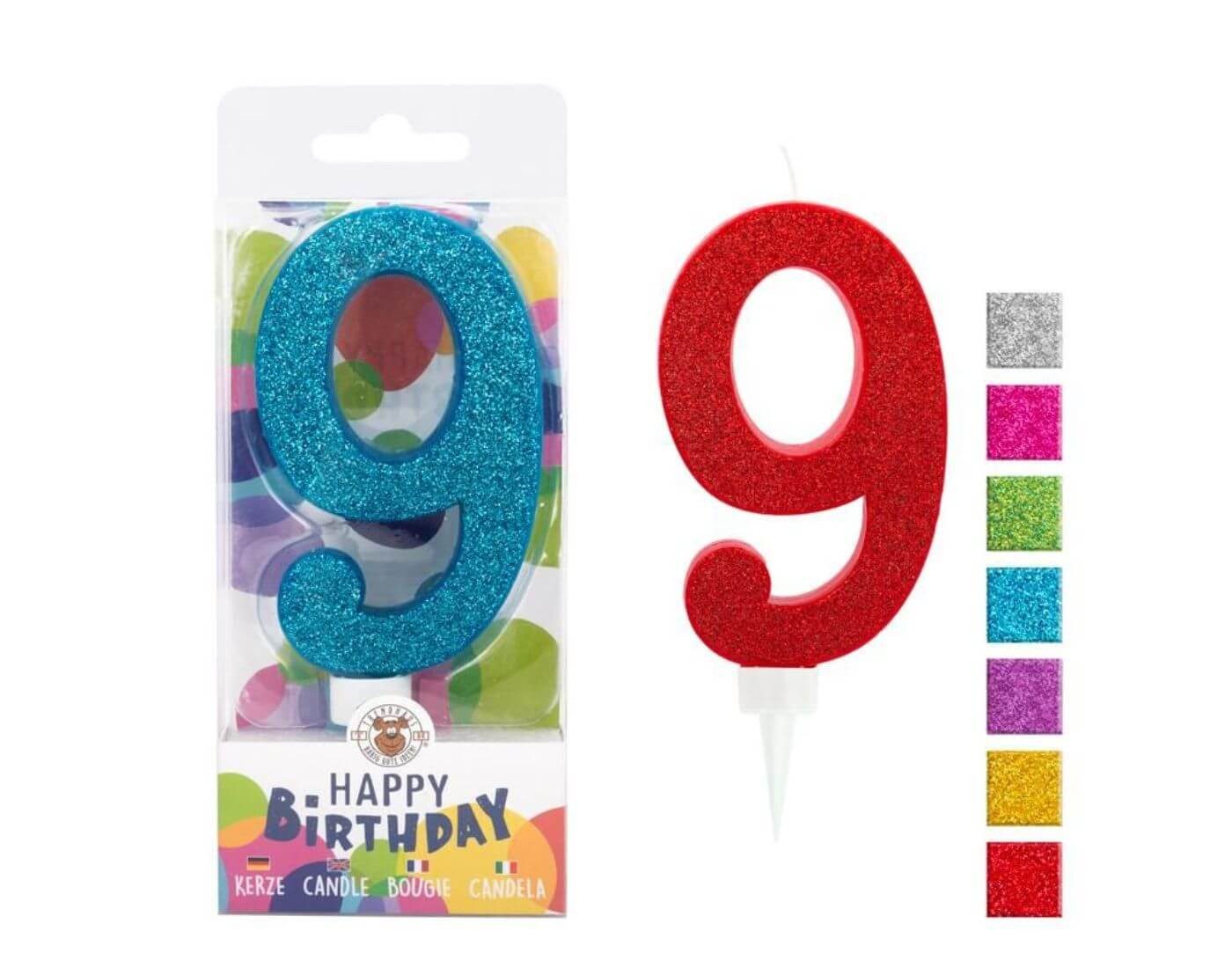 Trendhaus Geburtstagskerze BIRTHDAY FUN Zahlenkerze 9 Glitter Maxi, 6-fach sortiert