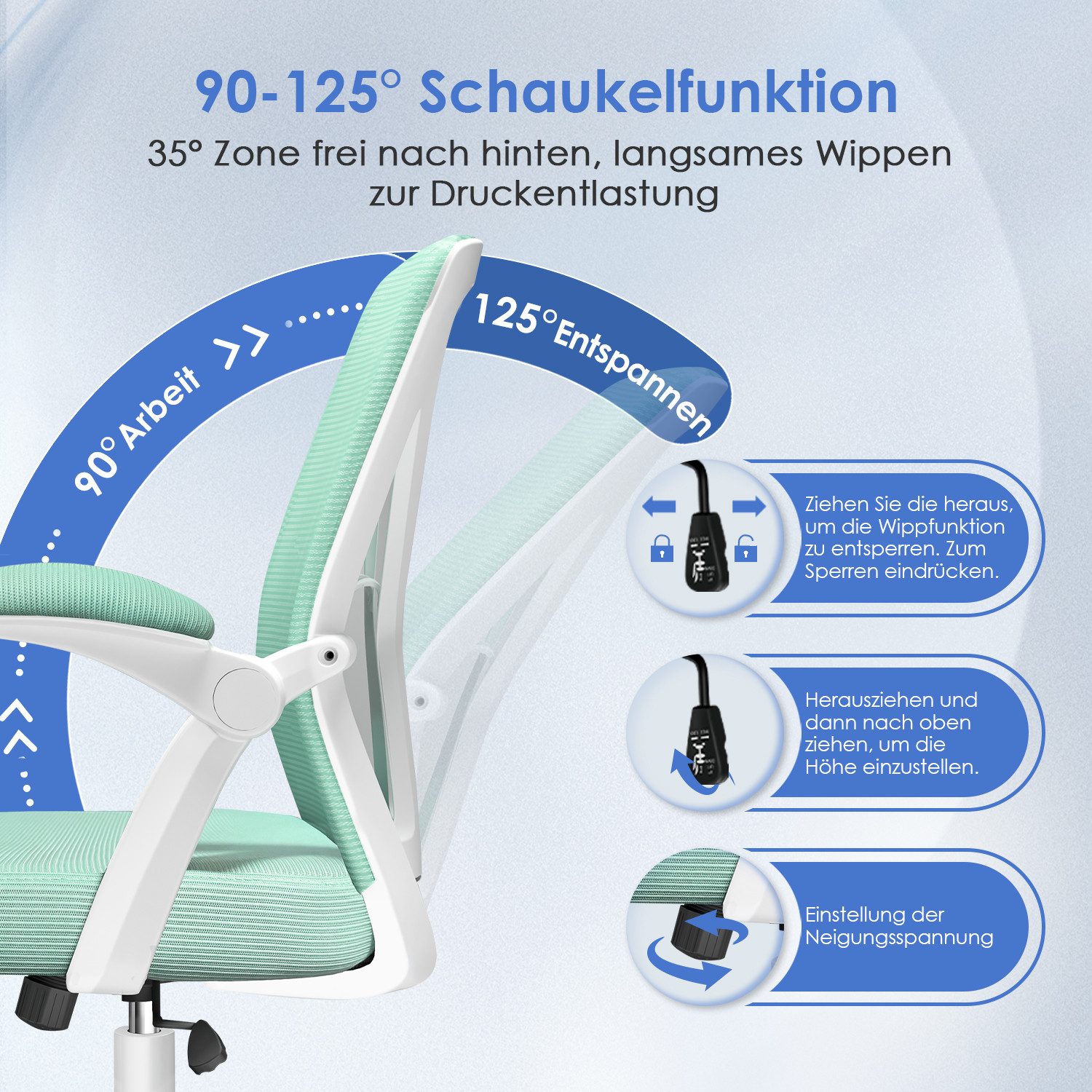 Adormii Bürostuhl Bürostuhl mit klappbaren Armlehnen,Ergonomischer Bürostuhl (Drehstuhl 360° mit Höhenverstellbarer Lendenwirbelstütze,Verstellbarer gepolsterten Armlehnen,Wippfunktion bis 125°,geräuscharmen Rollen,Höhenverstellbar), Atmungsaktiver Netzbezug, Hochwertiger Schaumstoff,Bis 150 kg