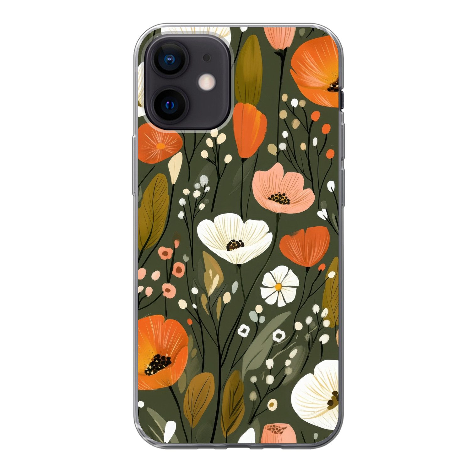 MuchoWow Handyhülle für Apple iPhone 12 Blumen - Illustration - Grün, Smartphone-Bumper, Print, Handy Schutzhülle Dünn