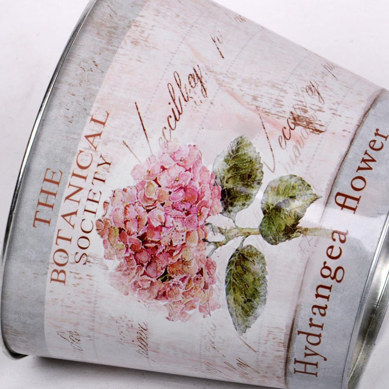 UNUS GARDEN Blumentopf Blumentöpfe 4er Set runde Zink mit Hortensienmotiv für Garten Balkon (Runde Zink Pflanztöpfe 4er Set mit Hortensienmotiv Outdoor), Zinktopfset, Blumentopfset, Übertopf