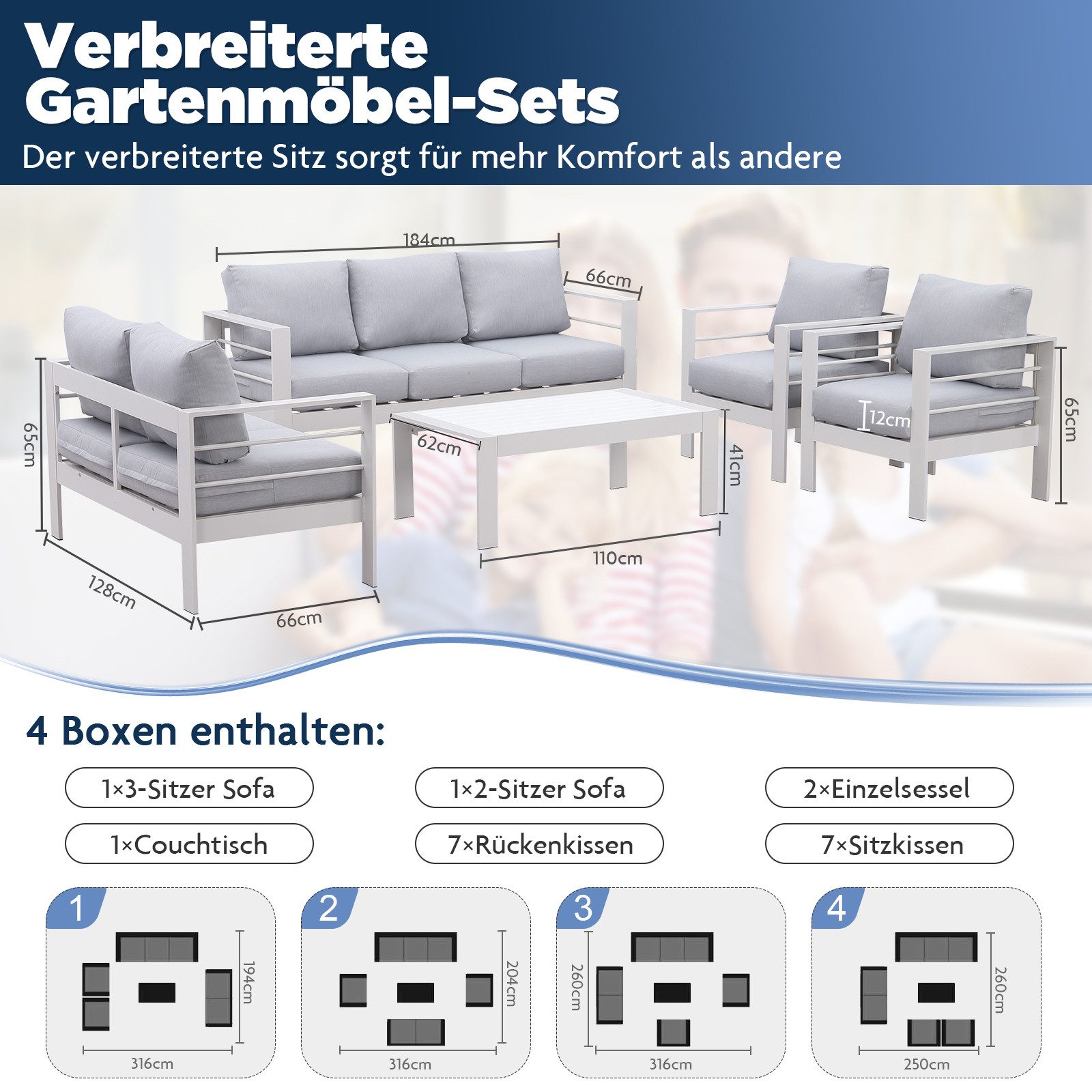 MeXo Gartenlounge-Set Gartenmöbel Set 4-5 Personen Aluminium Wetterfest, (weiß, harmonieren mit Licht bei Nacht, 4-tlg., Passt zum skandinavischen, mediterranen oder minimalistischen Stil), 12cm Deluxe Relax-Sitzkissen, Terrassenmöbel Set mit Tisch