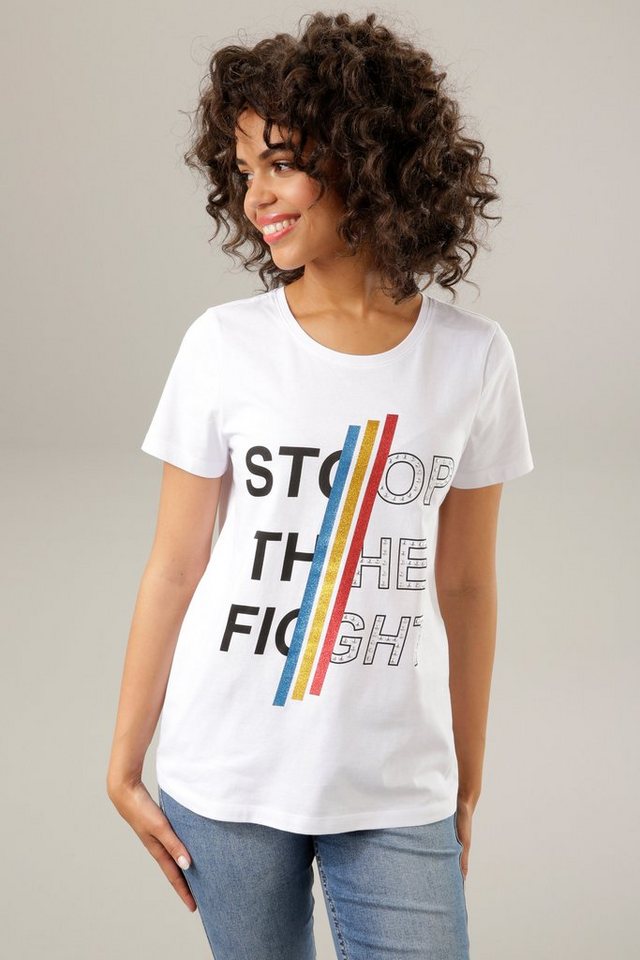 Aniston CASUAL Print-Shirt mit bunten Glitzerstreifen, Nieten und Schriftzug