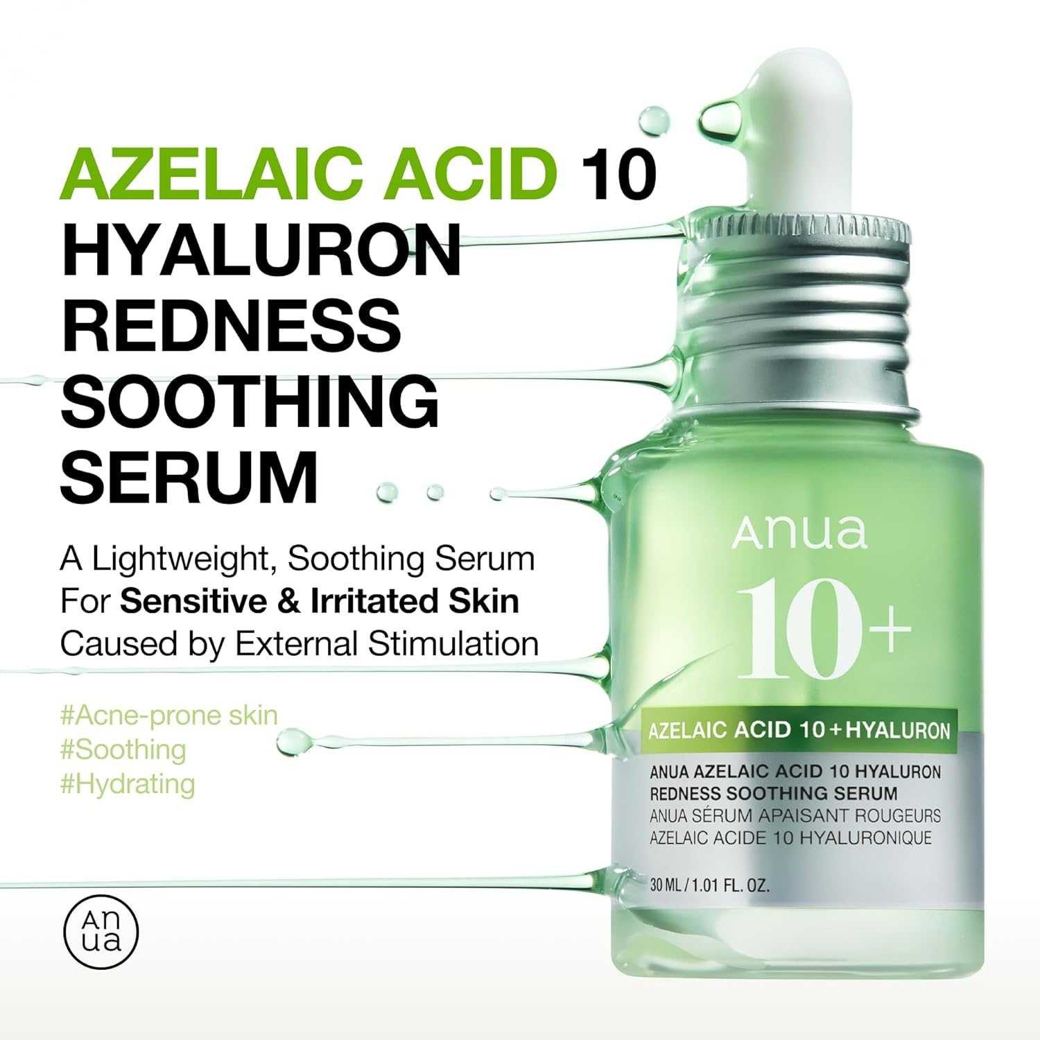 Anua Gesichtsserum Azelaic Acid 10 Hyaluron Redness Soothing Serum – Beruhigendes Gesichtspflege-Serum mit 10 % Azelainsäure & Hyaluronsäure, gegen Rötungen, Unreinheiten & trockene Haut, 30 ml