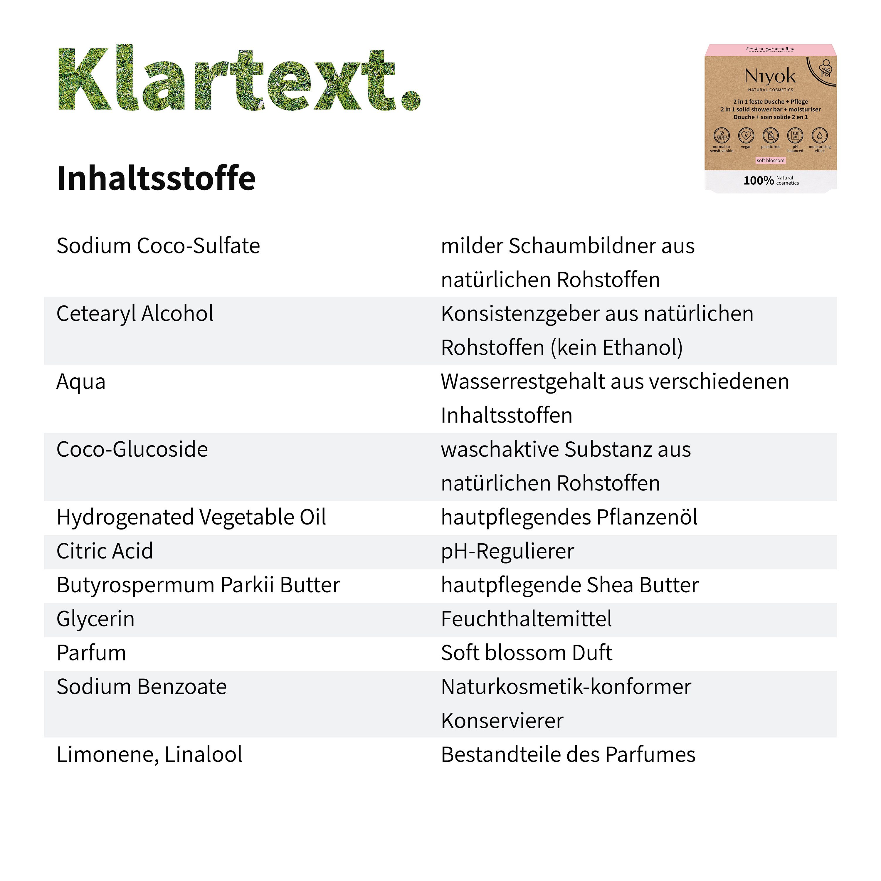 Niyok Feste Duschseife + Pflege 2-in-1 Naturkosmetik, Vegane Seife für Körper & Hände, Seife für Körper & Hände, Plastikfrei & Vegan, PH-Neutral