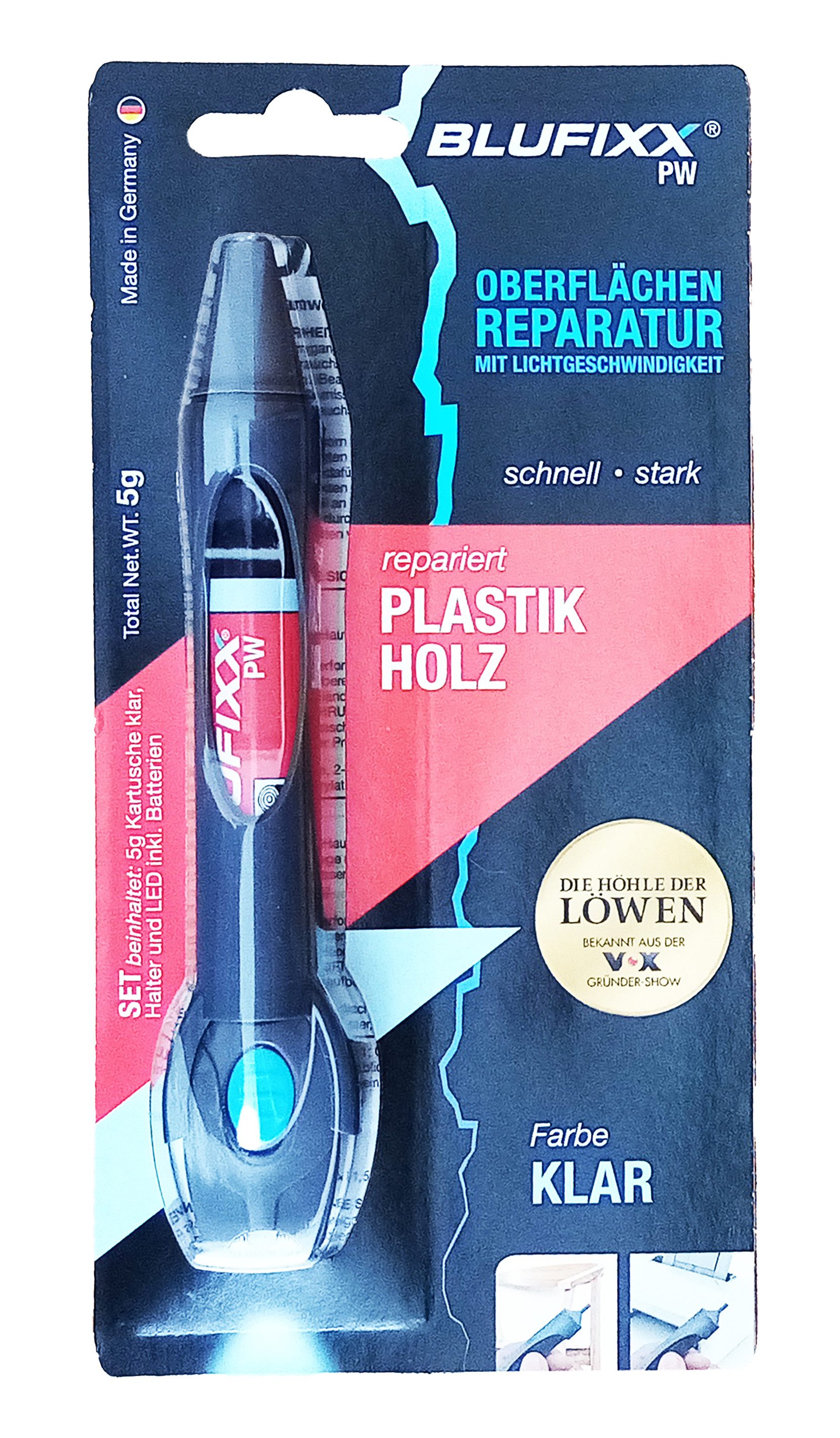 Blufixx Kunststoff-Reparaturset REPARATURSTIFT mit UV LED Klar 5g Lichthärtendes Gel 91 (Rot), Oberflächen Reparaturgel für Plastik Holz Oberflächenreparatur