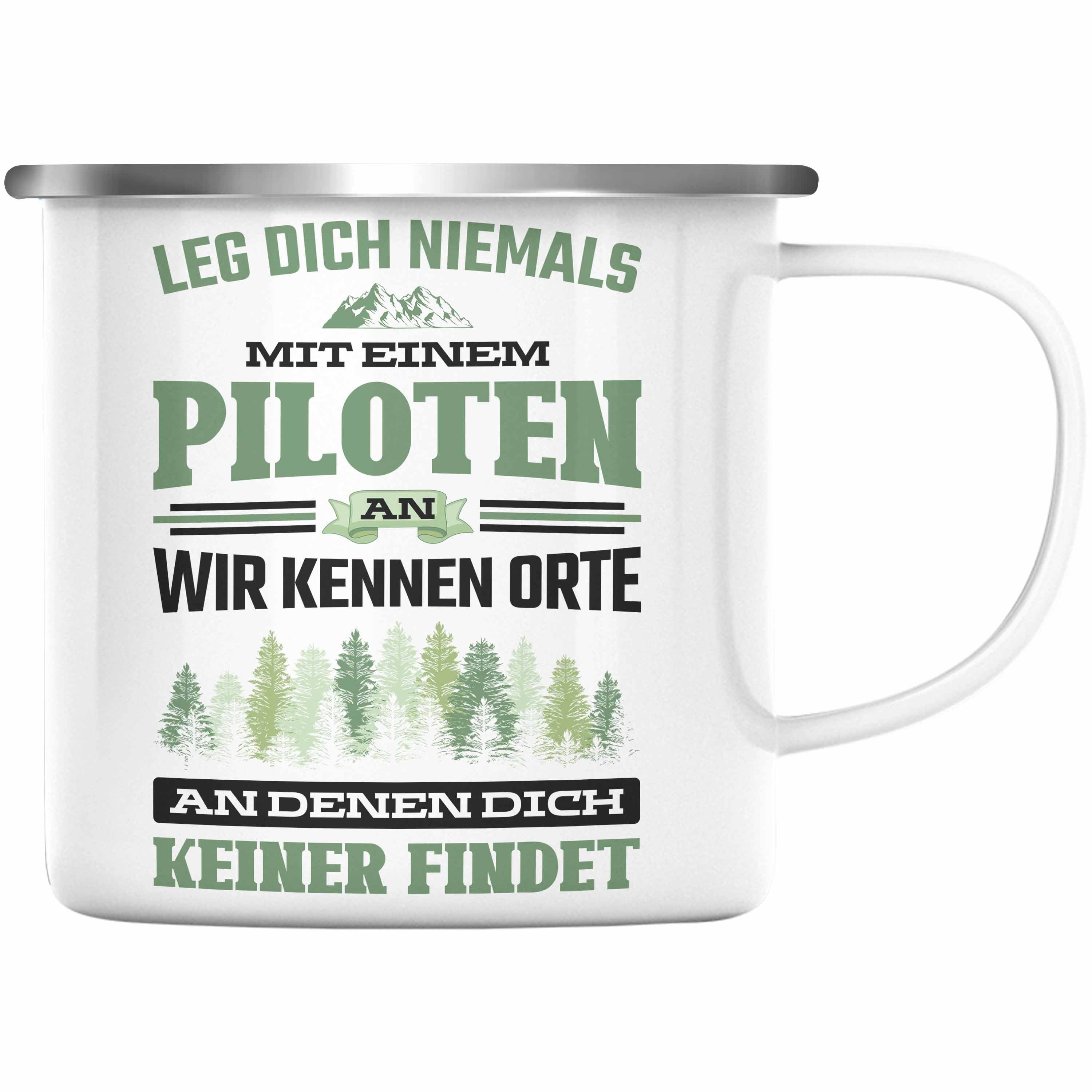 Trendation Thermotasse Trendation - Pilot Geschenk Emaille Tasse Flugzeug Fliegen Geschenkidee Piloten KaffeeEmaille Tasse Silber