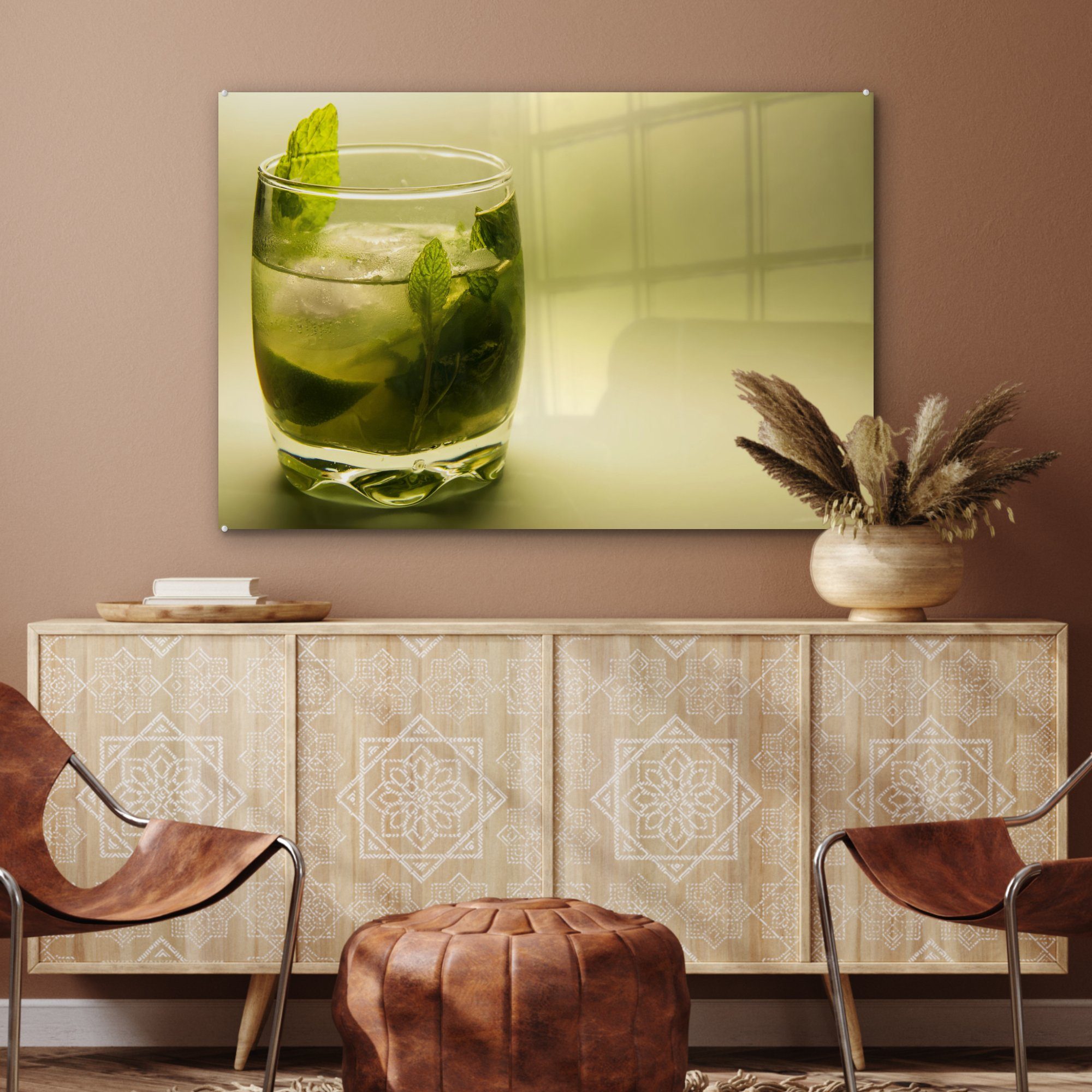 Wohnzimmer grünem St), MuchoWow Hintergrund, Acrylglasbilder Acrylglasbild & (1 auf Mojito-Cocktail Schlafzimmer