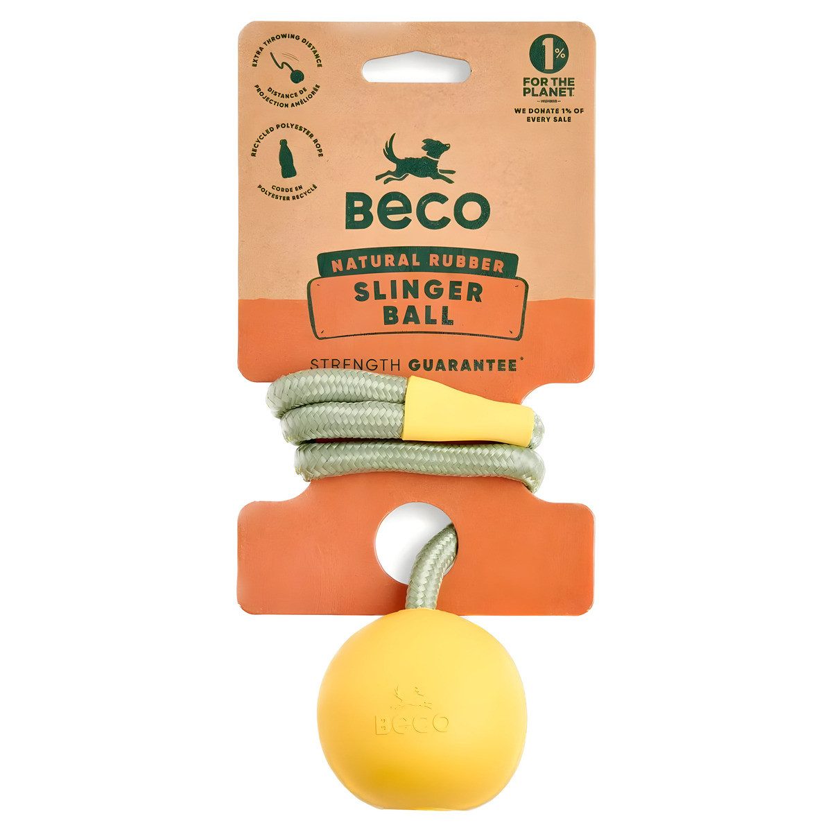 Beco Pets Tierball Hundespielzeug Natural Rubber Slinger Ball mit Seil gelb