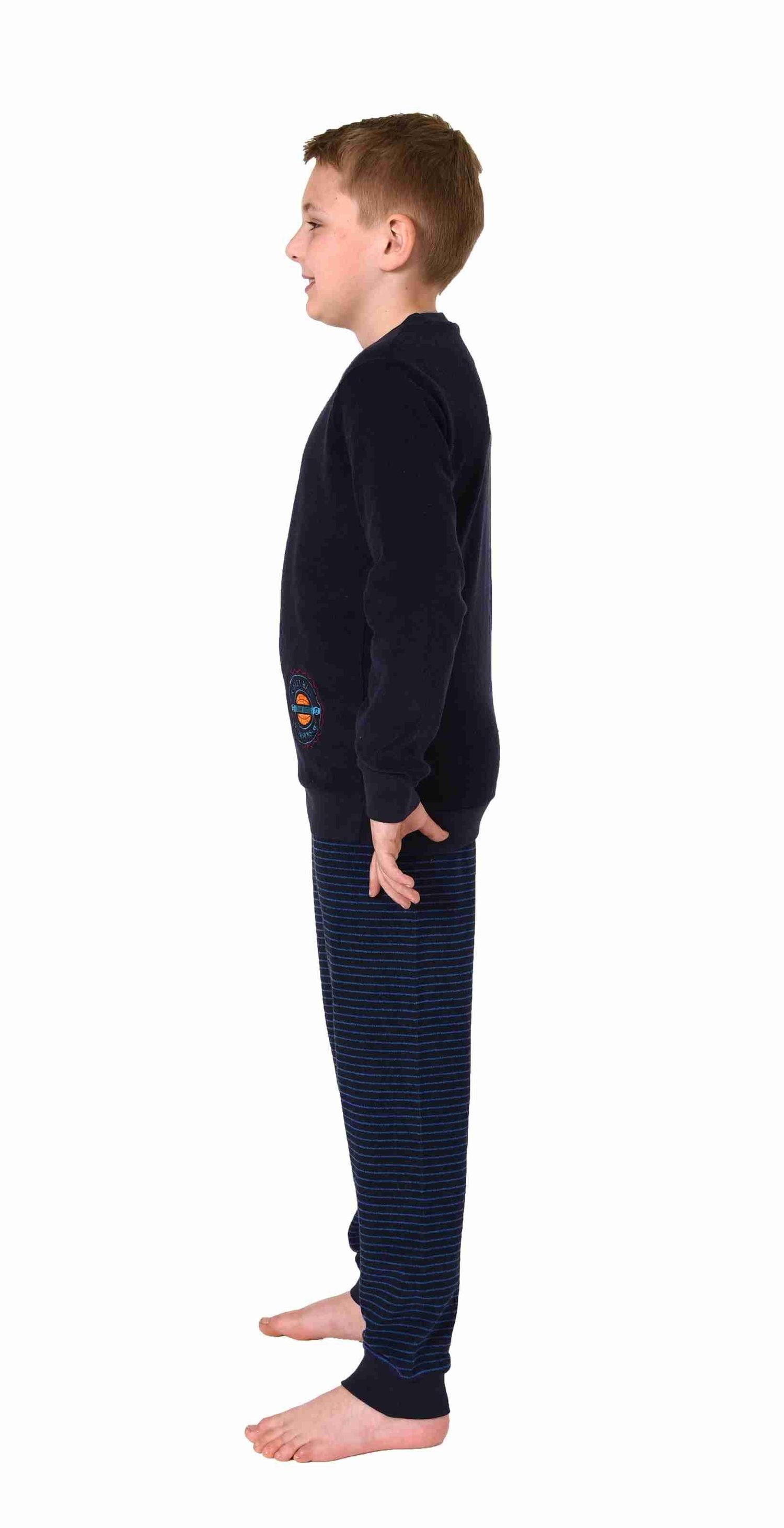 Frottee Normann Bündchen langarm Pyjama Kuscheliger Schlafanzug Jungen mit blau1