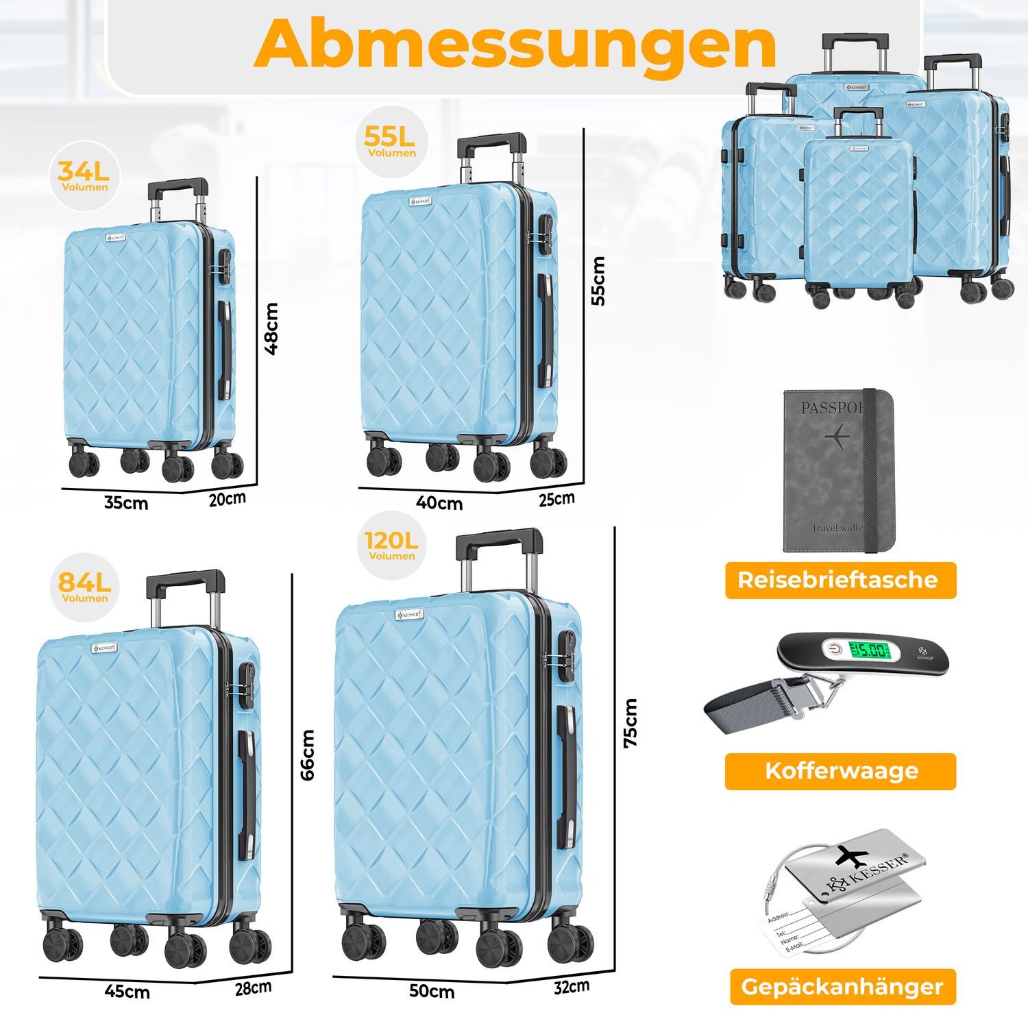 KESSER Kofferset, 4-teilig ABS Hartschalenkoffer mit Zahlenschloss, Waage & Brieftasche