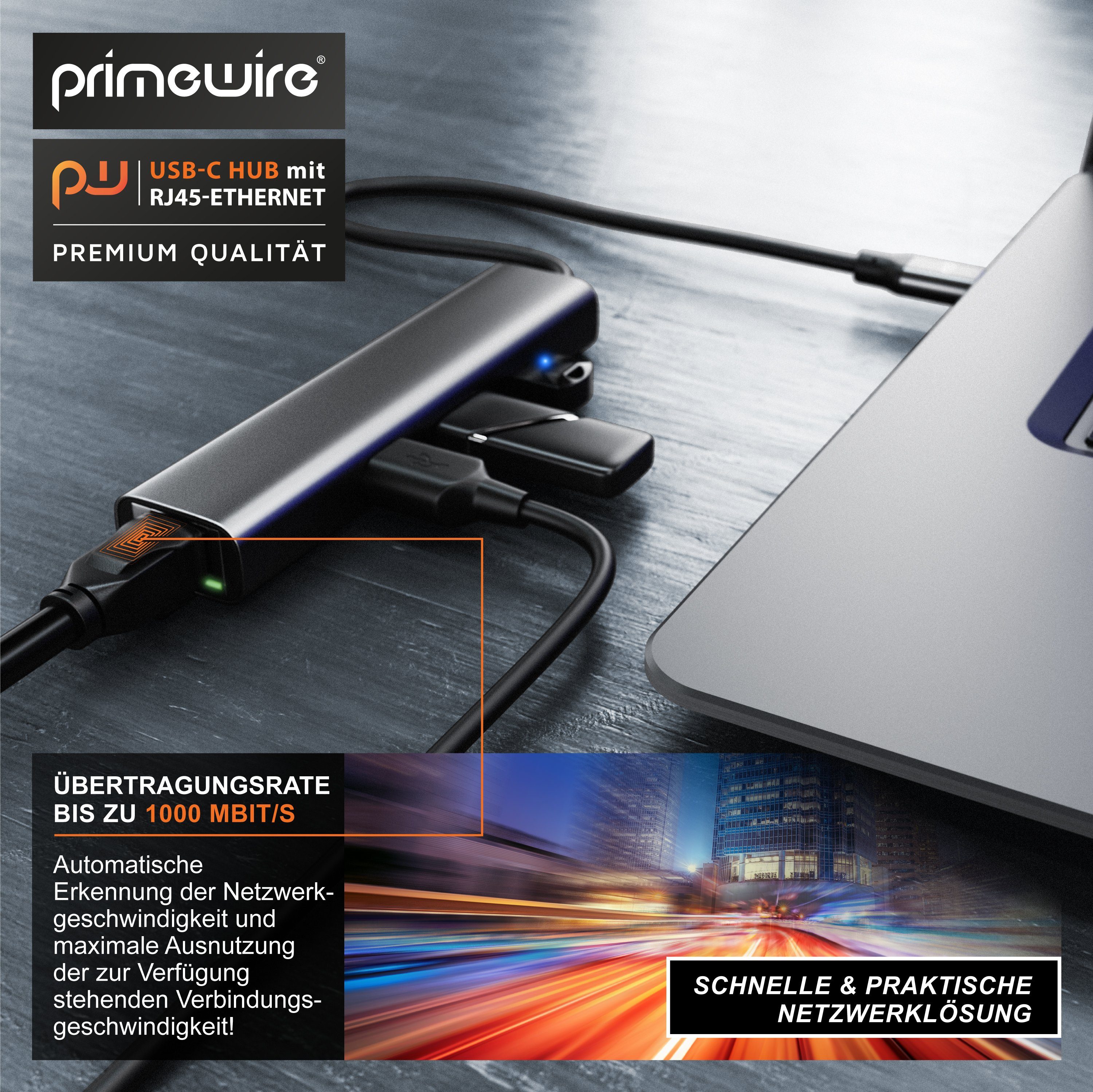 Primewire USB-Adapter, USB 3.2 Gen2 Typ C HUB mit RJ45 Ethernet, LAN Network Adapter