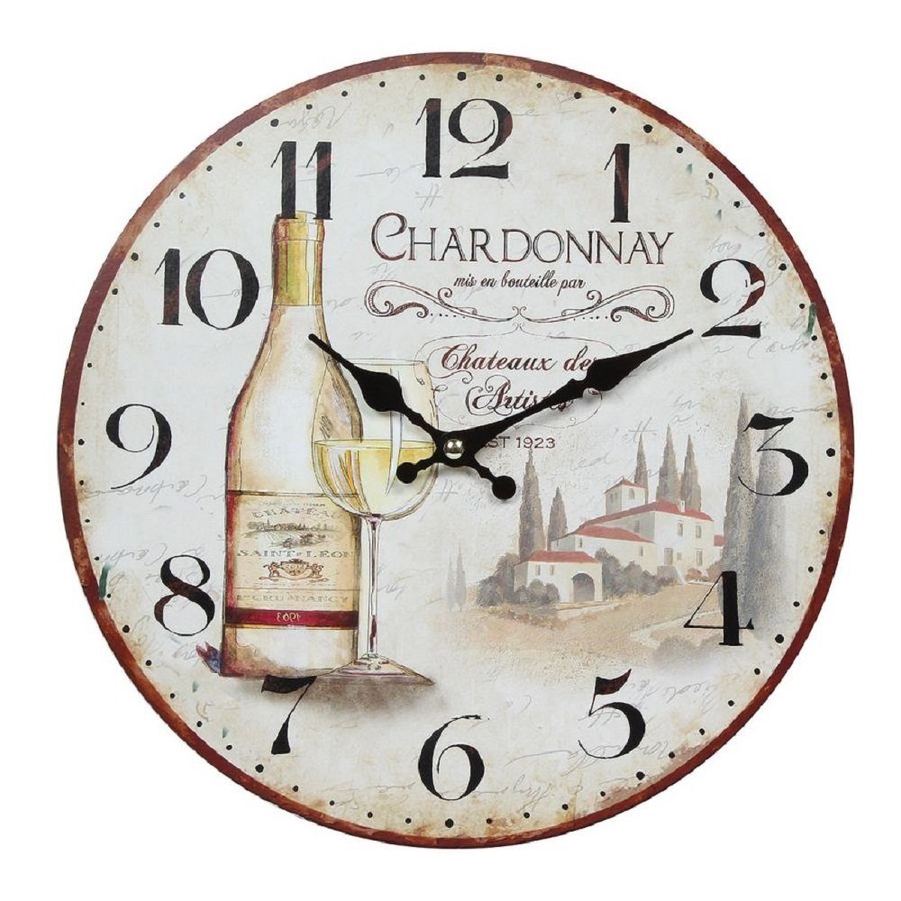 Linoows Uhr Wanduhr mit Weißwein Motiv, Landhaus Küchenuhr (Mediterrane Kneipen Uhr 28 cm)