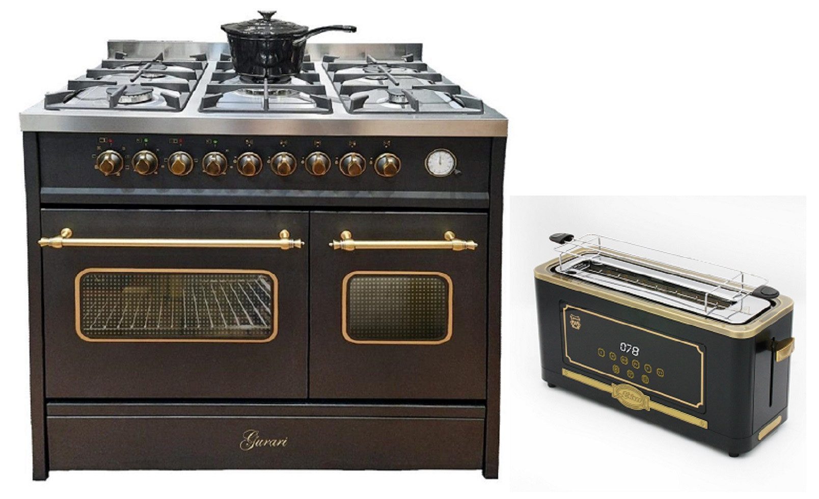 GURARI Gas-Standherd GCH E 916 BL R+T 4000 Em, mit 1-fach-Teleskopauszug, Retro Gas Elektro Standherd 90 cm, Range Coocker+Retro-Toaster