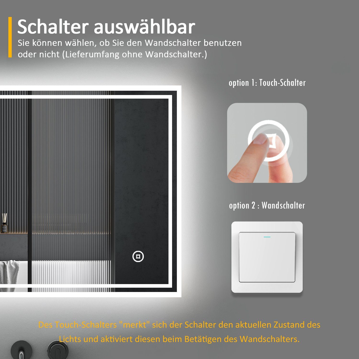 WDWRITTI Badspiegel Badezimmerspiegel mit Beleuchtung Wandspiegel Led Touch Wandschalter (Spiegel Bad, 3Lichtfarben, Memory, Helligkeit dimmbar), 3000K/4000K/65 – Bild 4 von 5