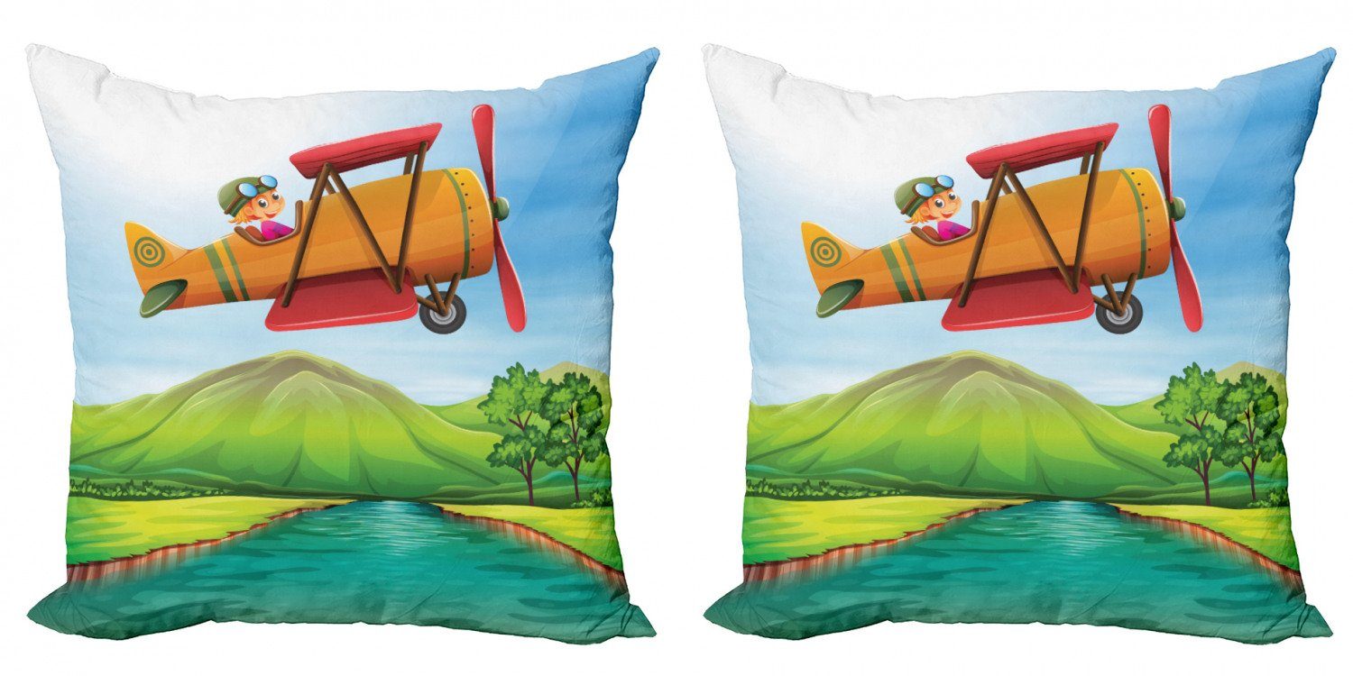 Kissenbezüge Modern Accent Doppelseitiger Digitaldruck, Abakuhaus (2 Stück), Flugzeug Kind auf einem Doppeldecker-Fluss