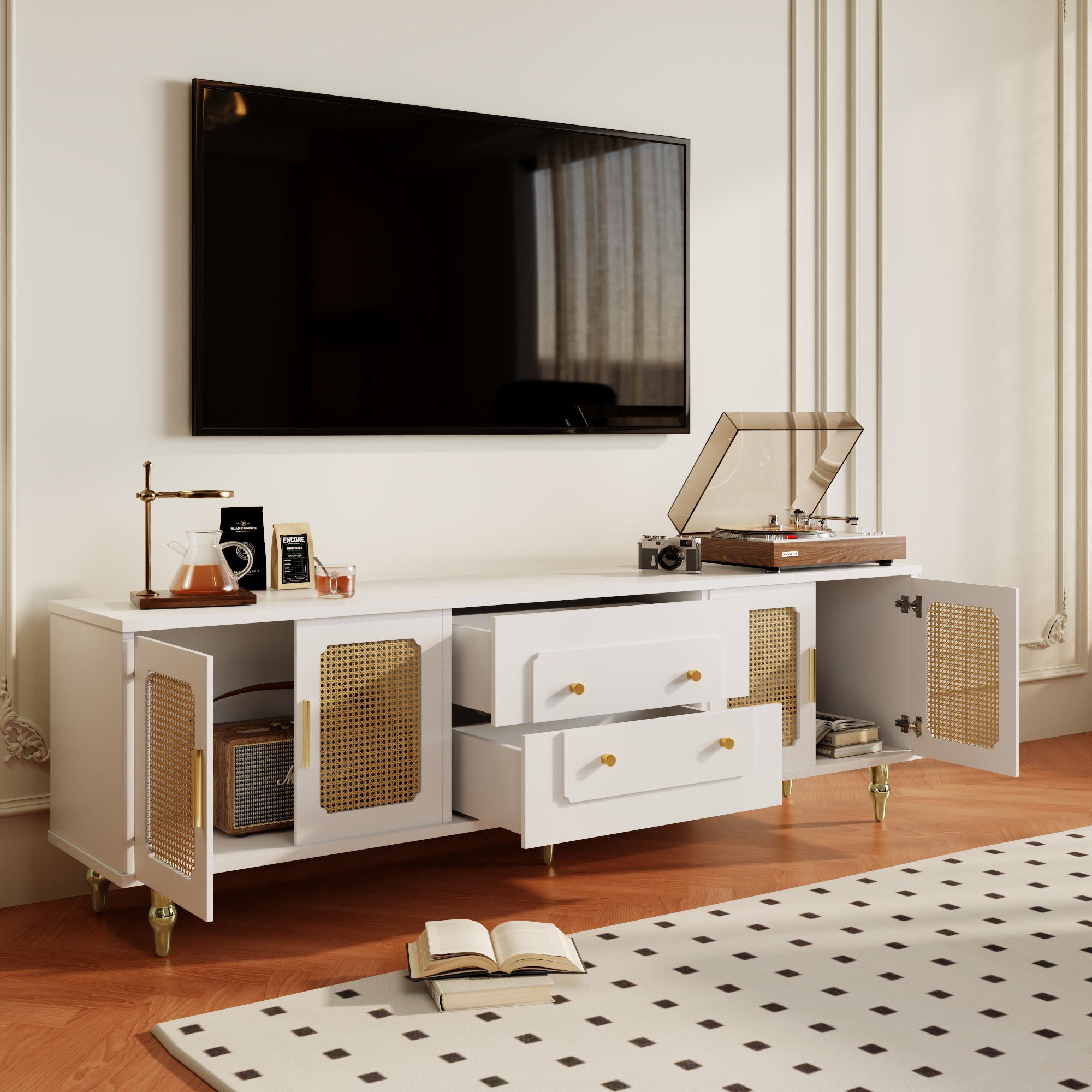 STILVORA Lowboard mit Schubladen,TV-Schrank Fernsehschrank mit Glastür&goldene Griffe (TV-Möbel,TV- Lowboard, mit 4 PVC-Rattantüren,2 Schubladen), 175*38*55,5cm, mit Push-to-Open-Funktion