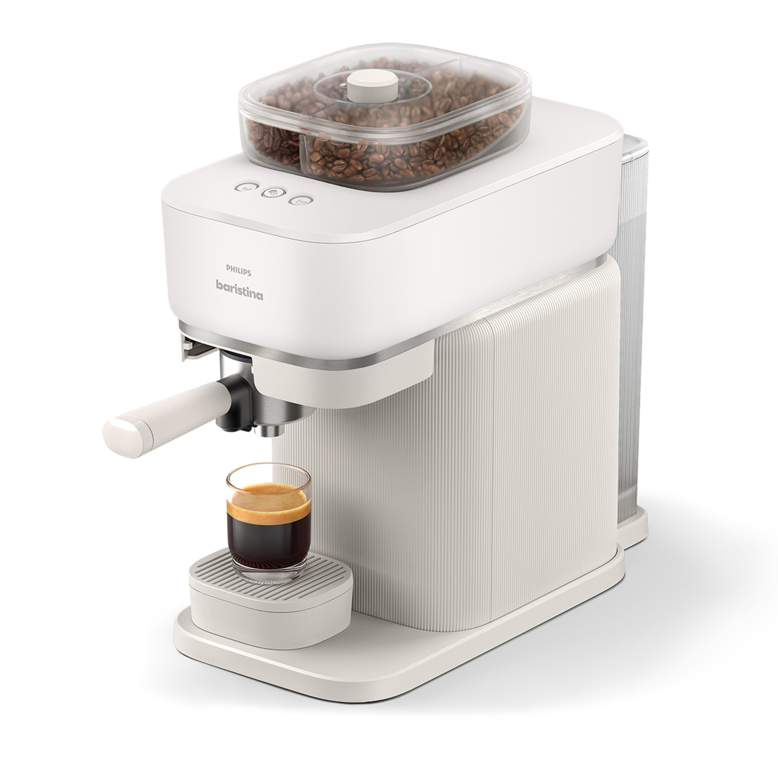 PHILIPS baristina Espressomaschine mit Bean swap BAR320/00 mit Mahlwerk für ganze Bohnen, Doppelter Bohnenbehälter, 16 bar Pumpendruck, Naturweiß​
