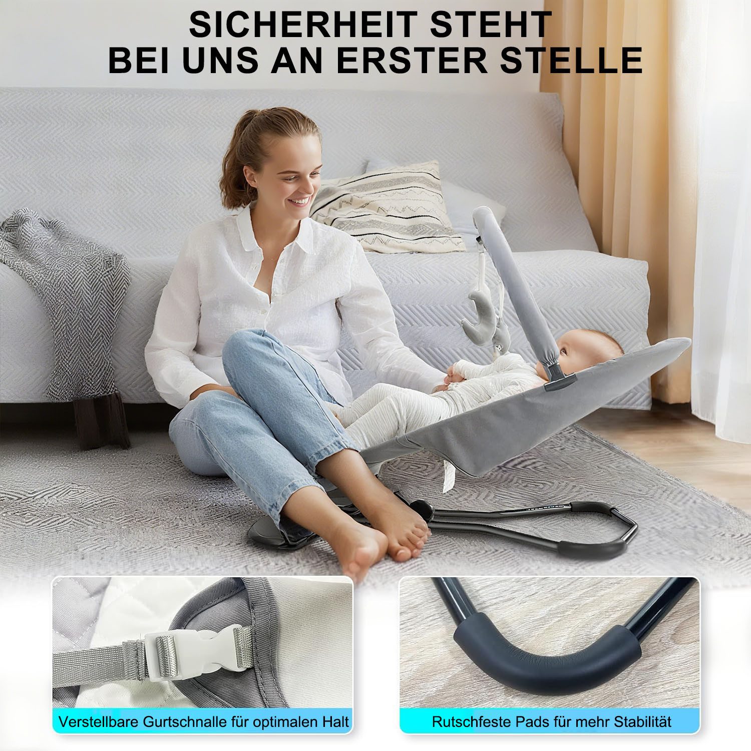 SURFOU Baby Bouncer, Baby Swing, Baby Bouncer with Toy Bar and 3 Toys, 0-6 Months up to 9 kg, Ergonomically Height Adjustable with Toy Arch