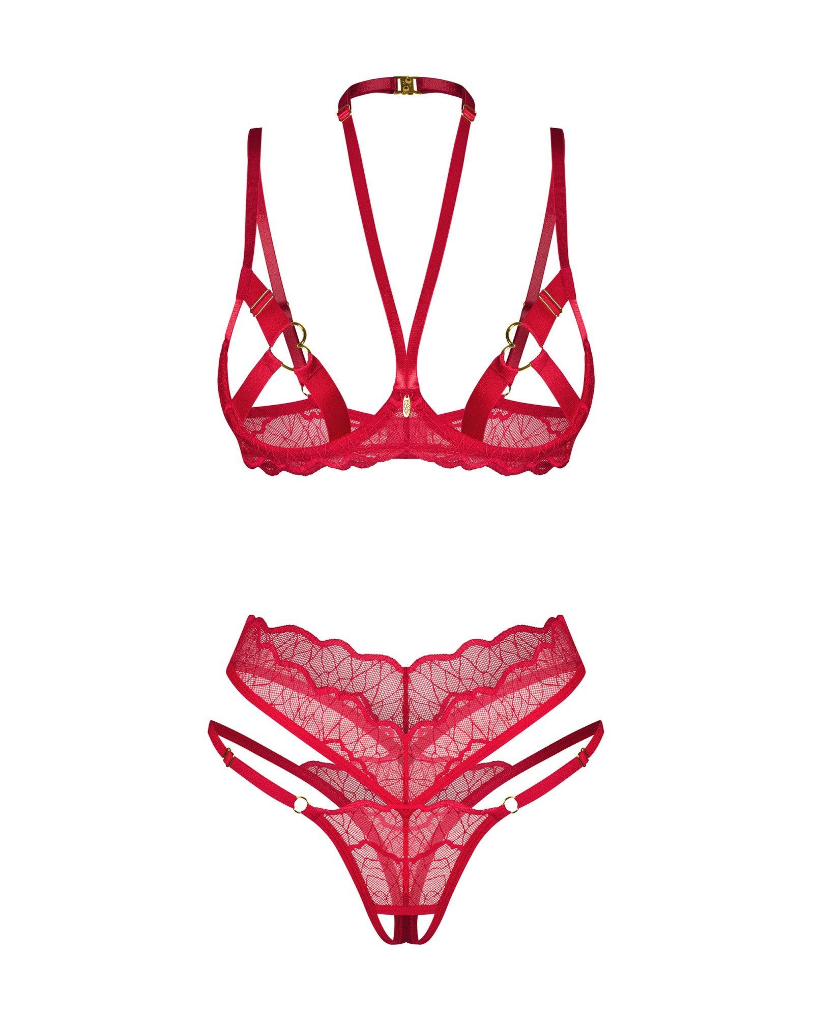 Obsessive Set: Bügel-BH Desir Dessous-Set: BH mit Herzen und String - rot (2-tlg) Schmuckelement zwischen den offenen Cups