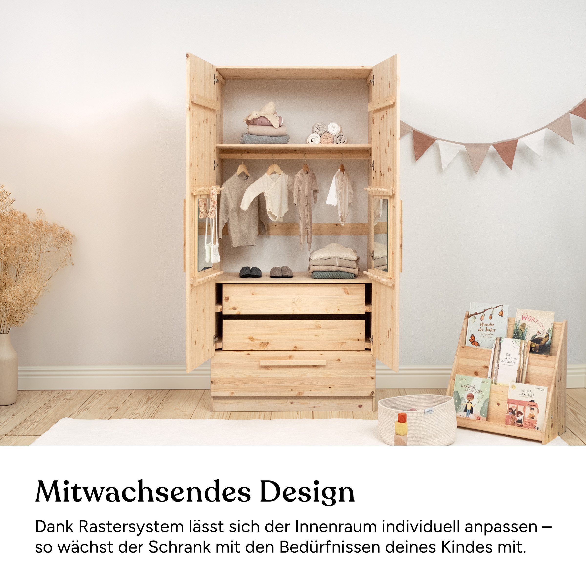Ehrenkind Kleiderschrank Linia 100 cm aus Kiefernholz (inkl. Kleiderstange, 2 Einlegeböden, Schublade und 2 Innenschubladen, mehrstufige Stauraumlösung für Kleidung und Accessoires) flexible Innenaufteilung durch variables Rastersystem