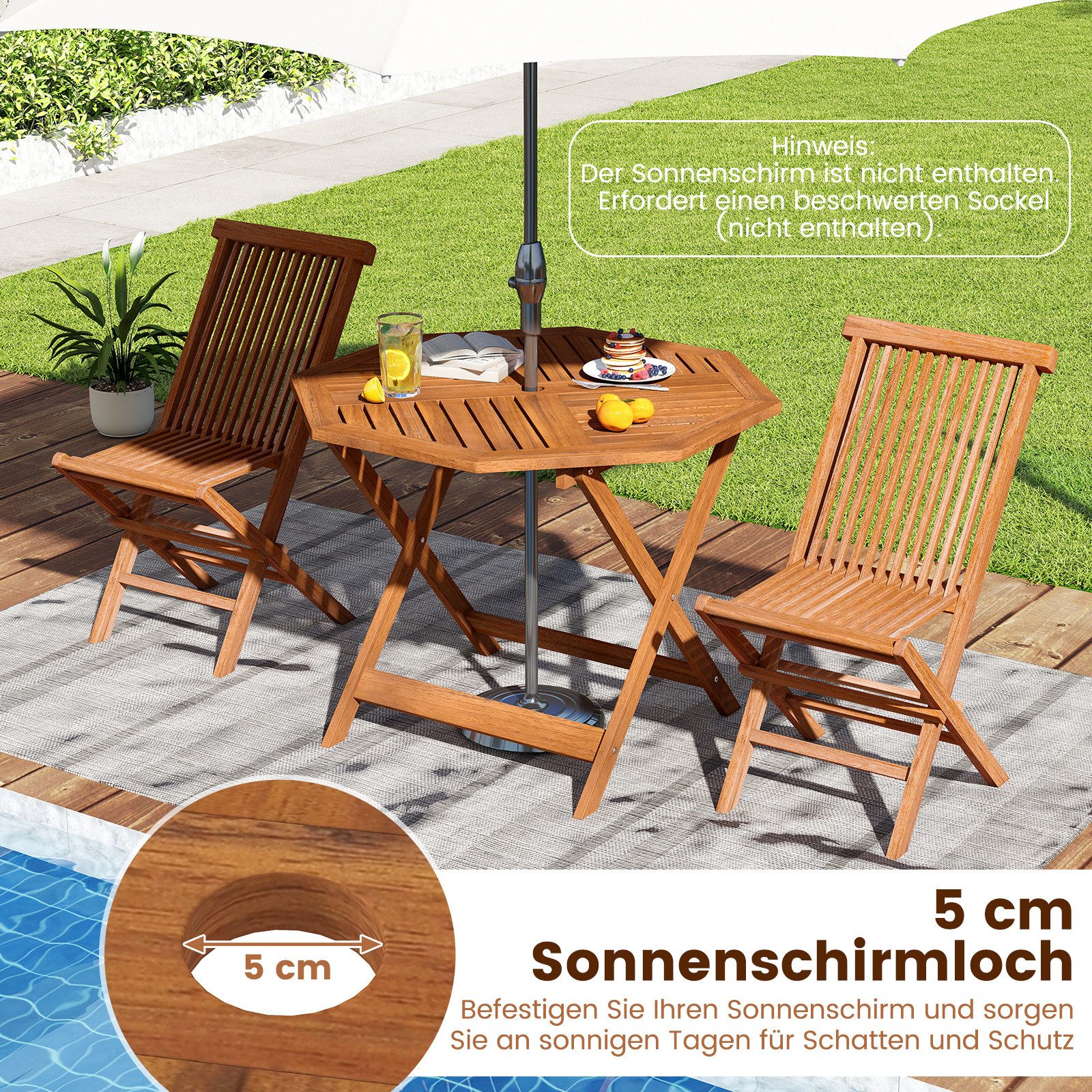 COSTWAY Gartentisch, 90cm Balkontisch mit Schirmloch, achteckiger Holztisch