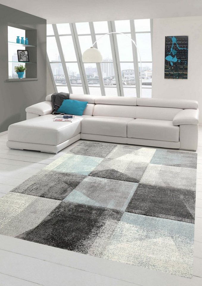 Teppich Moderner Teppich Wohnzimmer Flur abstraktes Karomuster in grau blau  creme - pflegeleicht, Teppich-Traum, rechteckig, Höhe: 13 mm