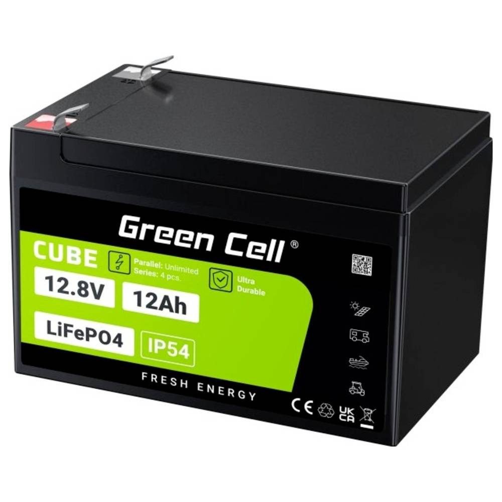 Green Cell Akku 12Ah 12.8V 153.6Wh Lithium-Eisen-Phosphat Batterie Akku, Flachstecker