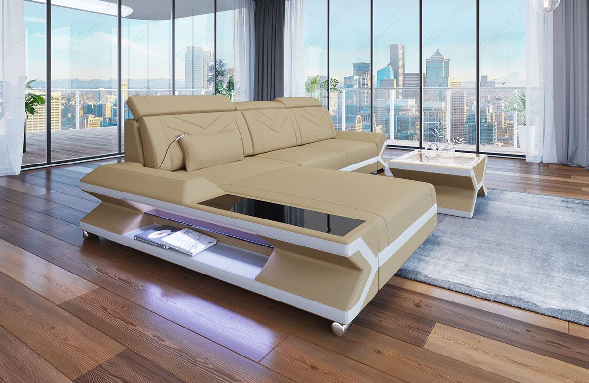 Couch Form Stoff Beige-Weiss ausziehbare Dreams Sofa Ecksofa Sofa C81 Bettfunktion, LED, Stoffsofa, Polster Napoli Designersofa L mit