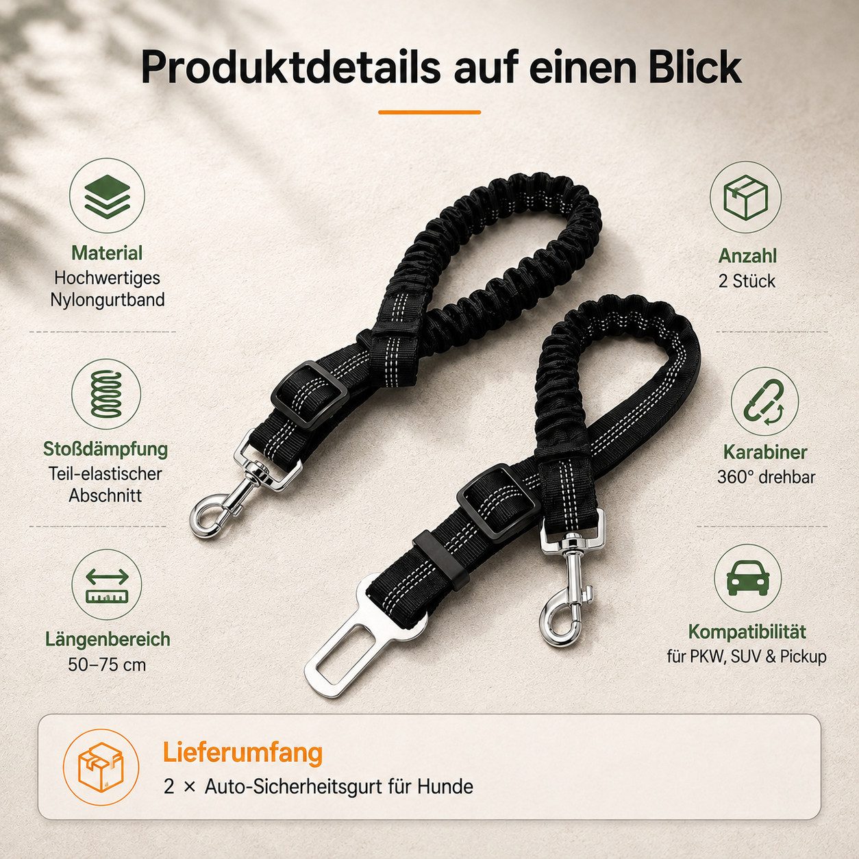 Fyrove Hund Anschnallgurt Auto-Sicherheitsgeschirr für Mitfahren im Fahrzeug Kinder-Sicherheitsgurt (Haustiersicherheitsgurt-Set, 2-tlg., 2 Stück im Set), verstellbar, elastische Ruckdämpfung, stabiler Karabiner