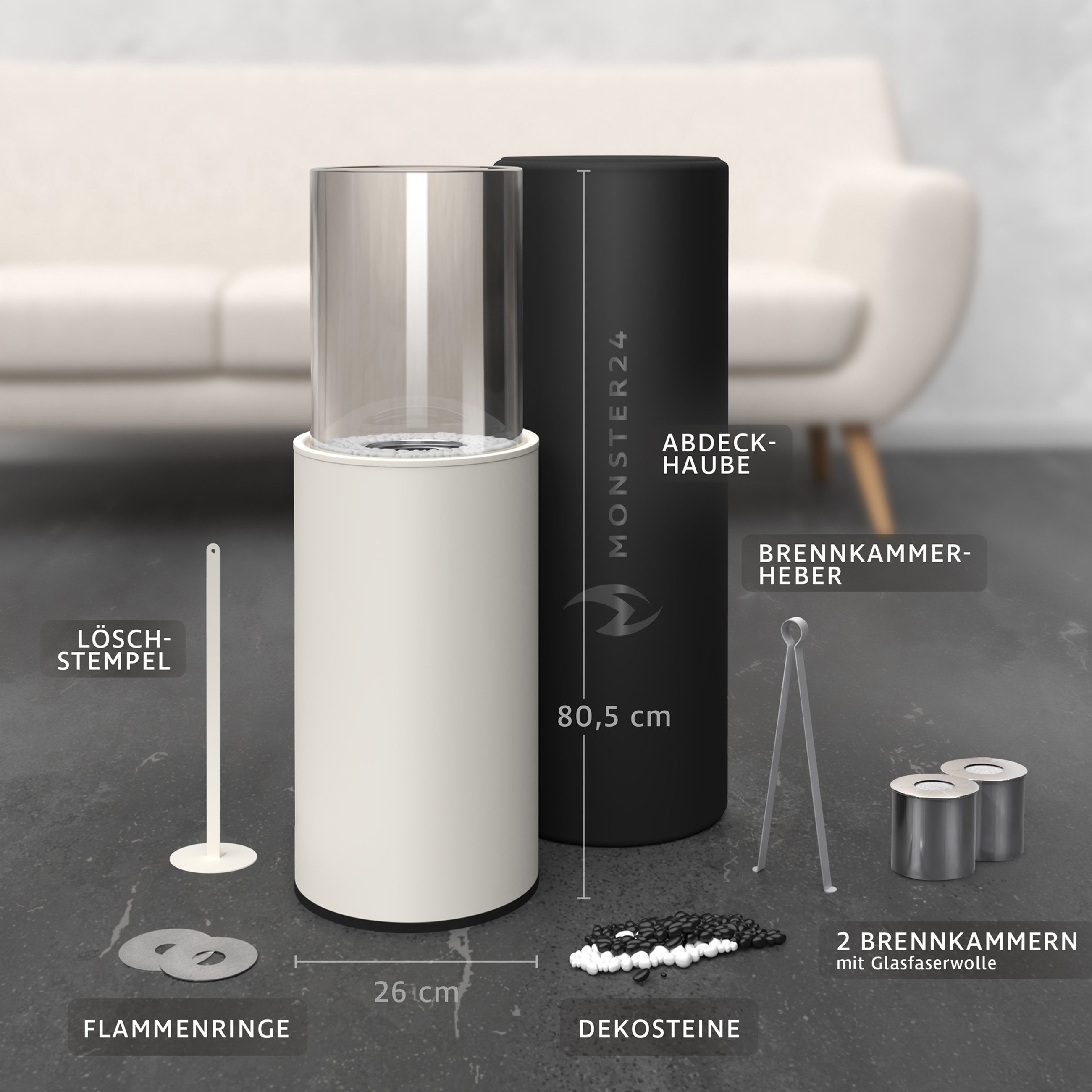 Monster24 Echtfeuer-Dekokamin Bio-Ethanol Standkamin für Indoor & Outdoor (80x26x26 cm)