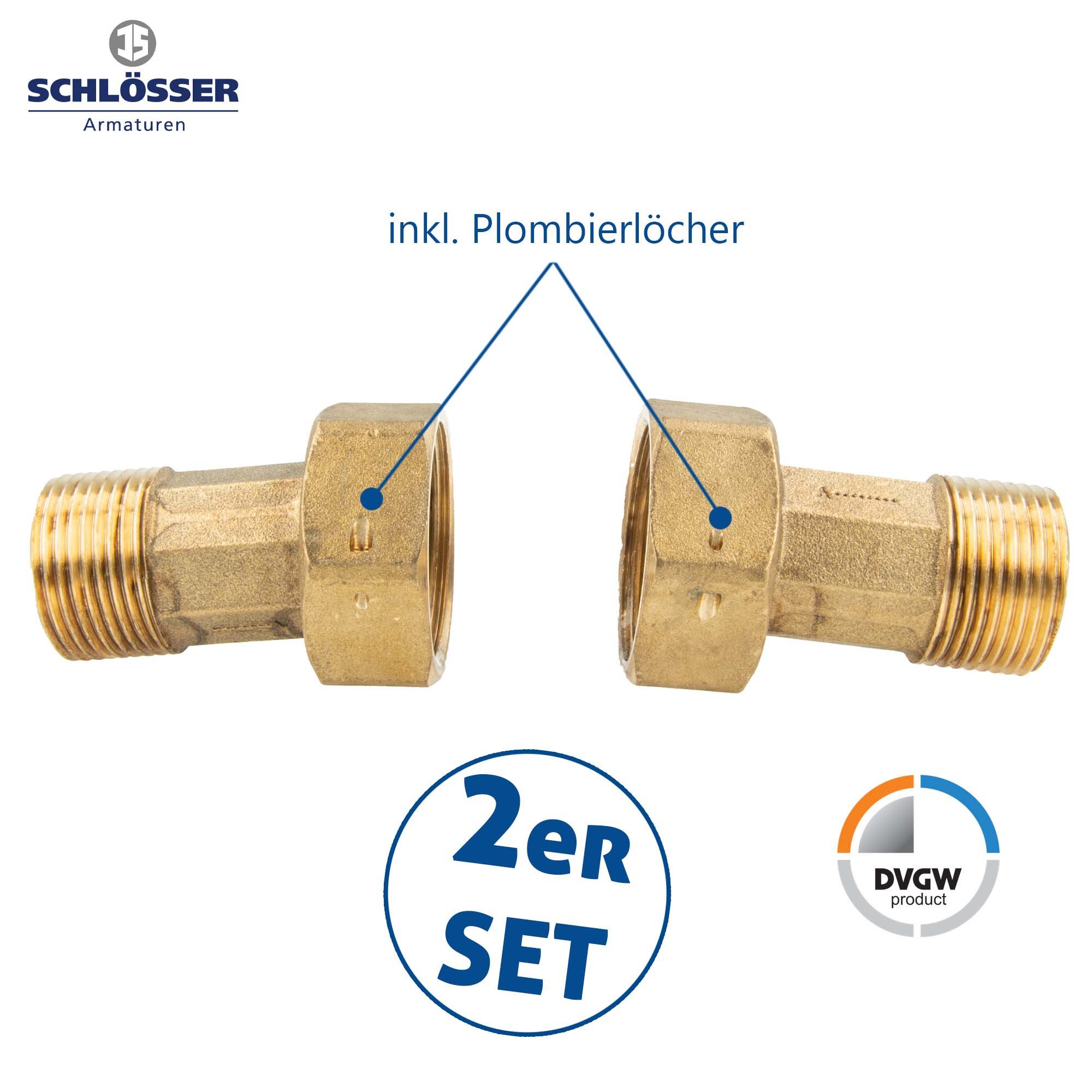 Schlösser Wasserzähler Verschraubungen Überwurfmutter x AG, Messing blank - 2-er Set