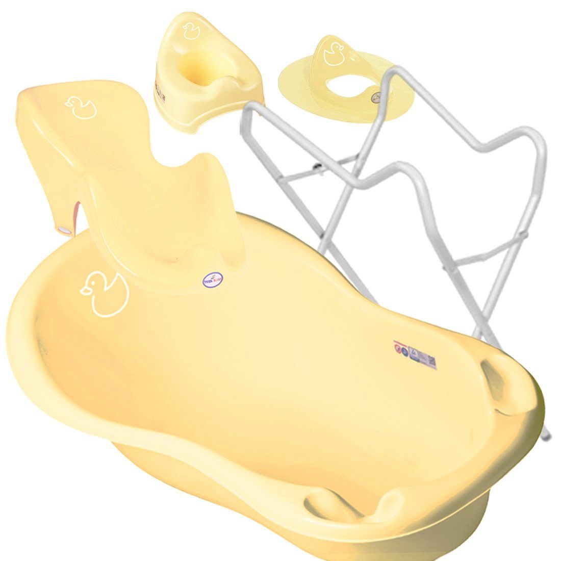 Tega-Baby Babybadewanne 4 Teile SET – DUCK Gelb + Ständer Weiss - Babybadeset Wanne Pflege, (Made in Europe Premium Set), ** Wwanne + Badesitz + Töpf + WC Aufsatz + Gestell **