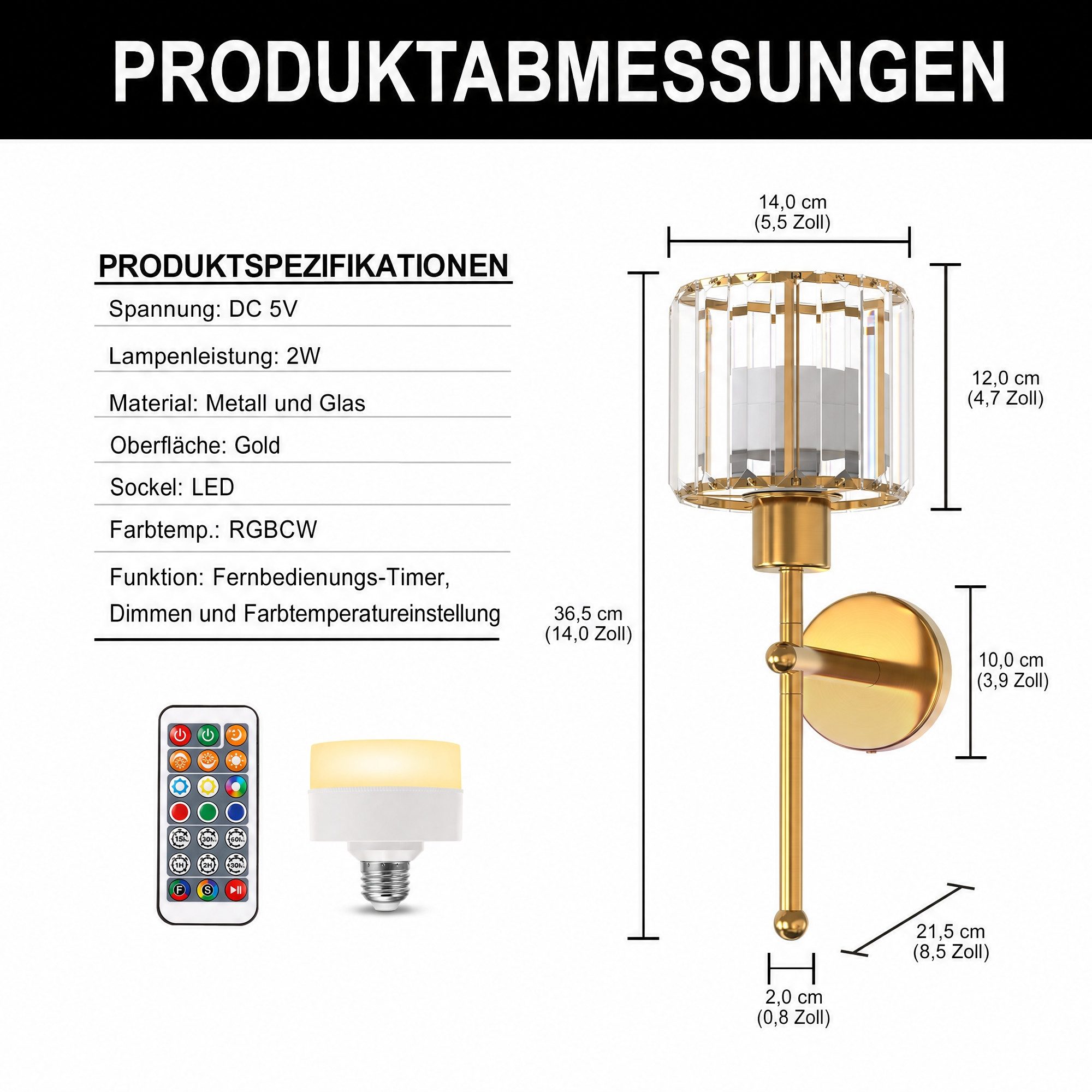 LOHAS-LED Wandleuchte 2er Set zylindrische Kristall-Wandlampe in Gold, LED wechselbar, Warmweiß bis Kaltweiß mit RGB-Farbwechsel, 3200 mAh Akku-Leuchte mit RGB-Farben, Dimmer und Timer