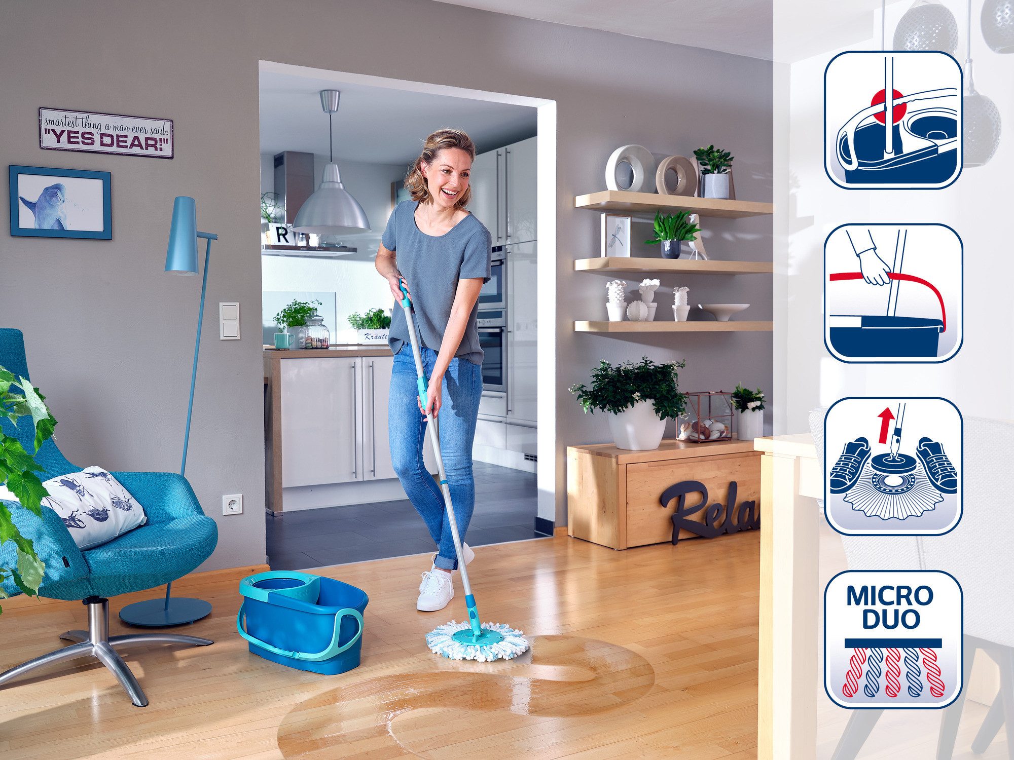 Leifheit Bodenwischer-Set Set CLEAN TWIST Disc Mop Ergo, (4-St), Drill-Stiel-Mechanik, 360° Kardangelenk, längenverstellbar (109-140cm)